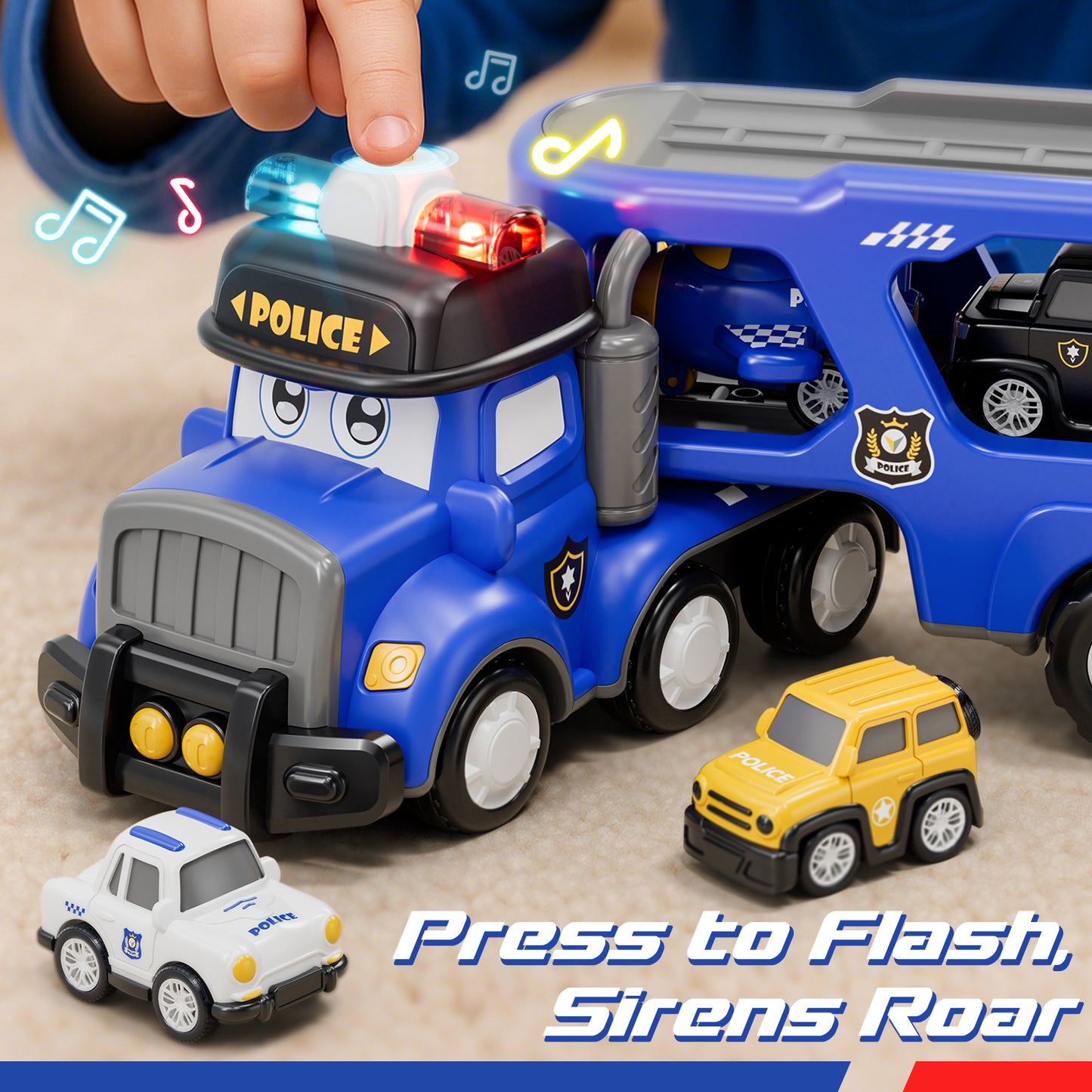 Toys for 2 Year Old Boy, Police Truck Toys Cars with Lights & Sounds, Toy Trucks Car for Boys 2 3 4 5 Years Old, 5 in 1 Toddler Carrier Truck Toy with 4 Pull Back Cars, Best Birthday Christmas Gifts