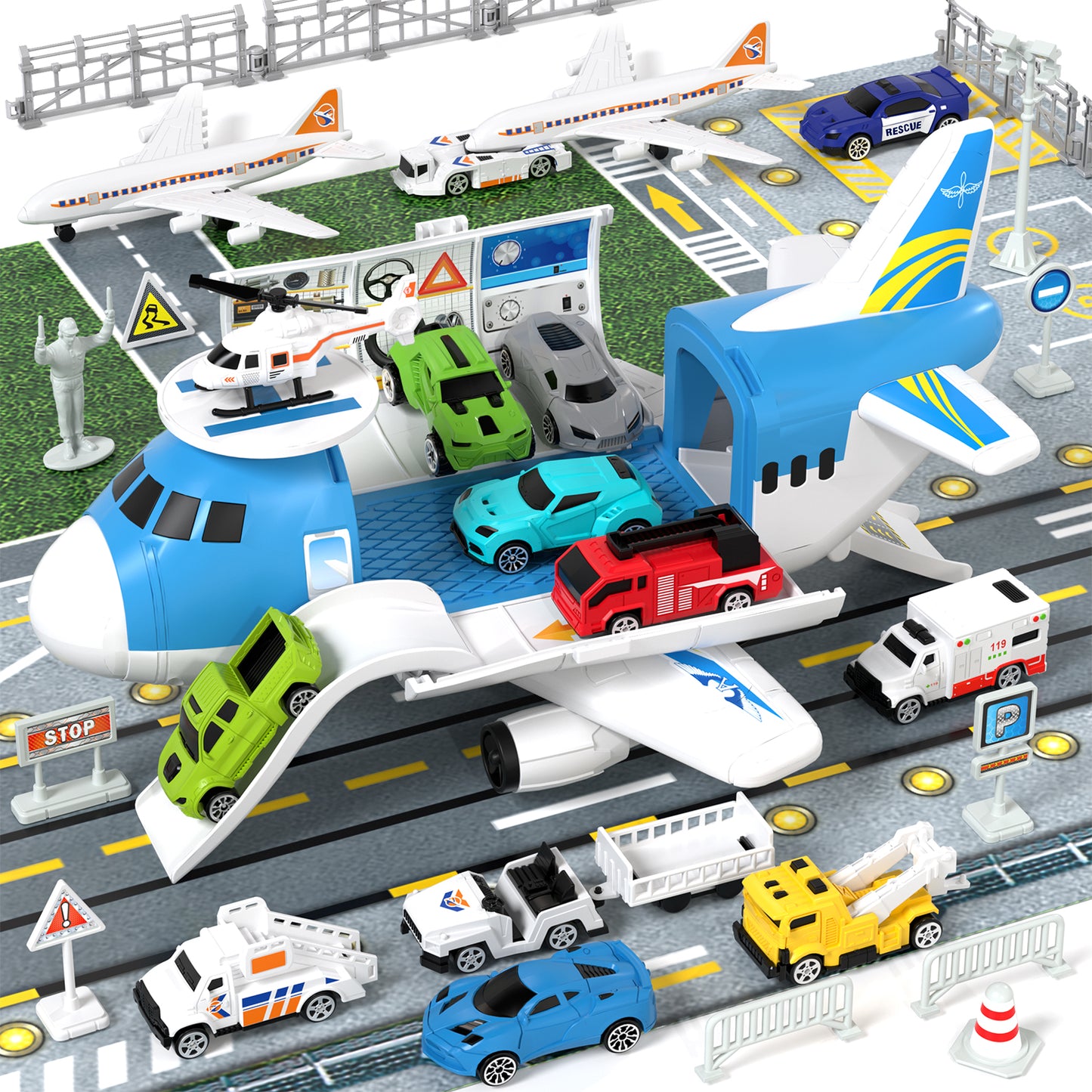 Airplane Toys, Toddler Toys for 2+ Year Old Boys, Transport Airplane with 6 Race Cars, 6 Carrier Cars, 2 Airplanes, 1 Helicopter, 1 Map, Boy Toys Planes for Kids, Best Gifts for 3 4 5+ Years Old Boys
