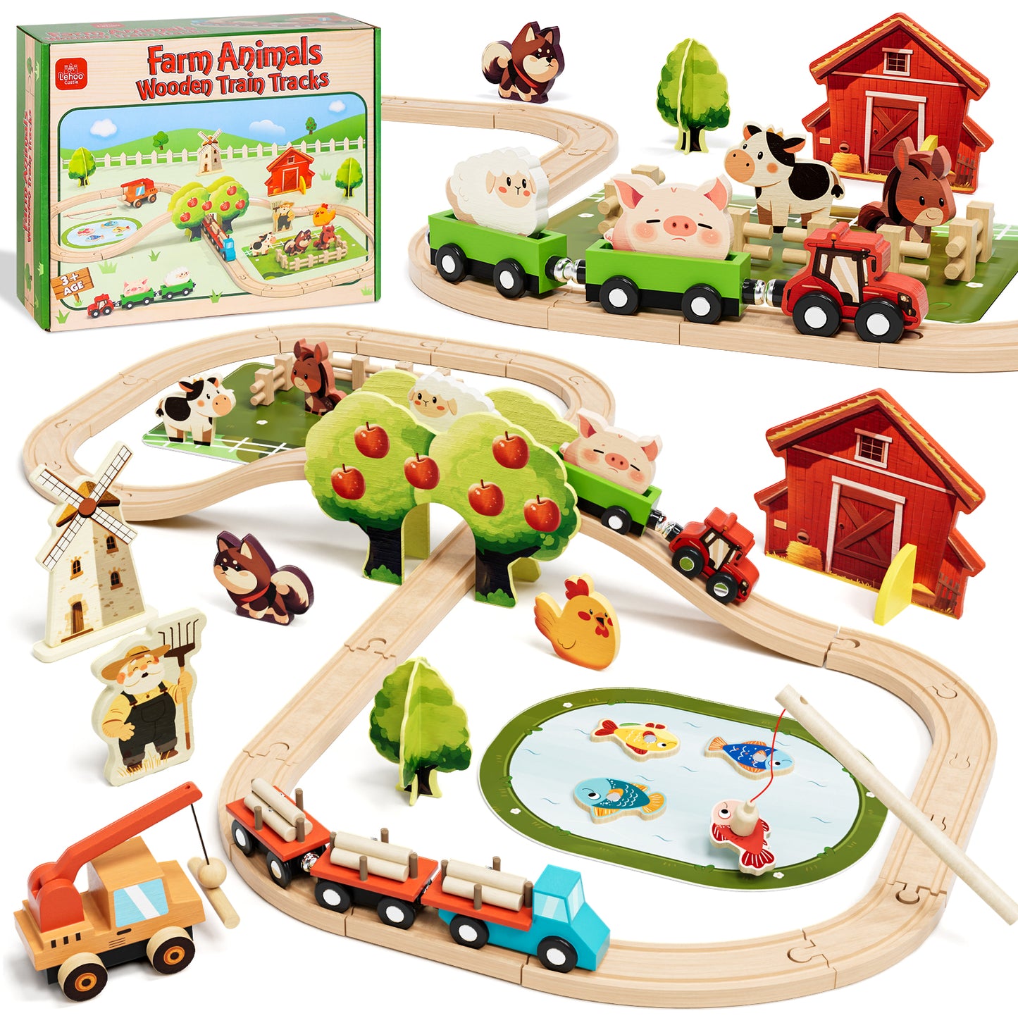 Train Set, Wooden Train Set for Kids, Train Toys for Toddlers, Toy Train with Train Tracks, Wooden Farm Toys for Kids 2 3 4 5+ Years Old, Great Gift for Boys Girls - Compatible with Other Brands
