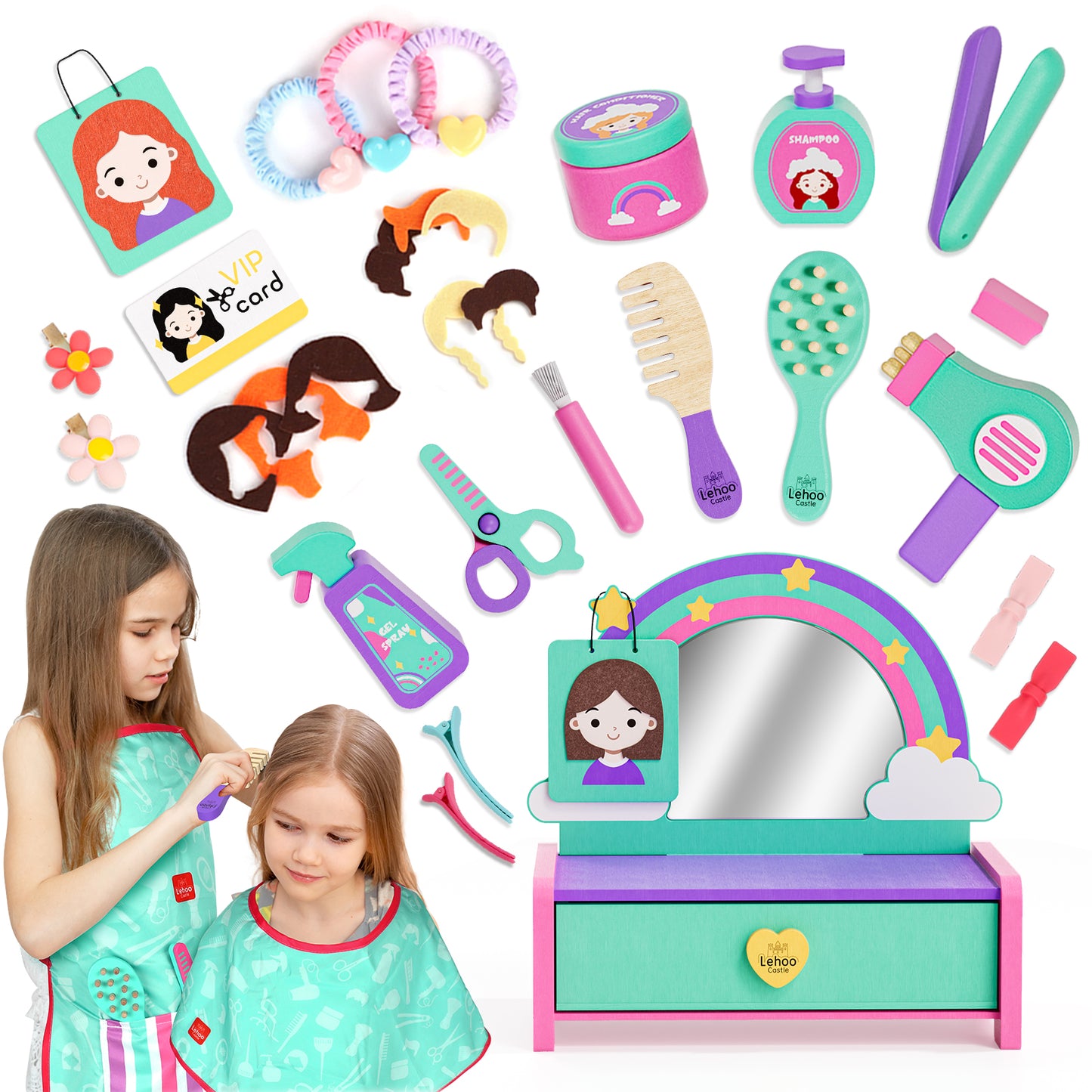 Kids Vanity Sets for Girls, Toddler Vanity Set, 32 PCS Wooden Kids Hair Salon Playset, Hairdressing Pretend Playset, Barber Pretend Hair Styling Set with Apron/Hair Dryer/Hair Accessories for Age 3+