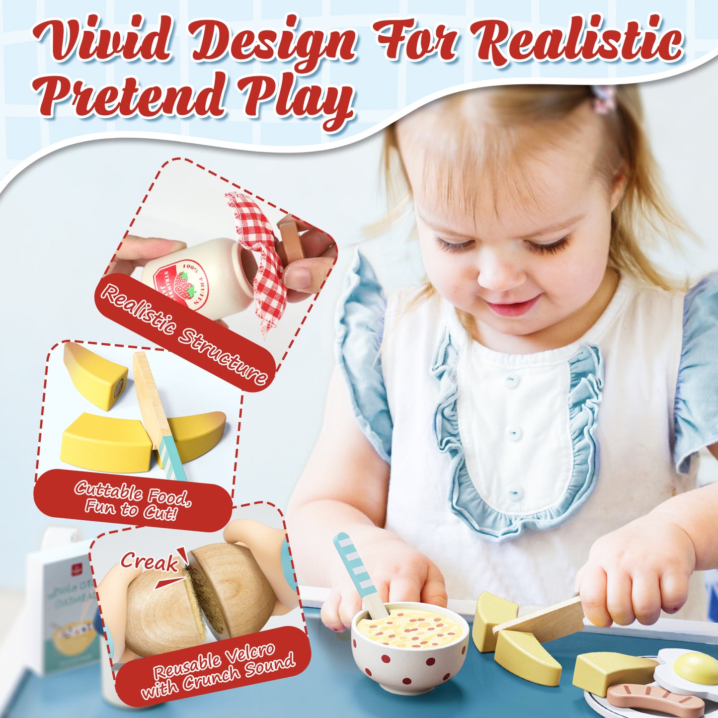 Play Food Sets, Wooden Play Food Set for Kids Kitchen Play Kitchen Accessories Kids Cutting Pretend Play Fake Food Toys for 3 4 5 6 7 Years Girls Boys Toddlers Toys