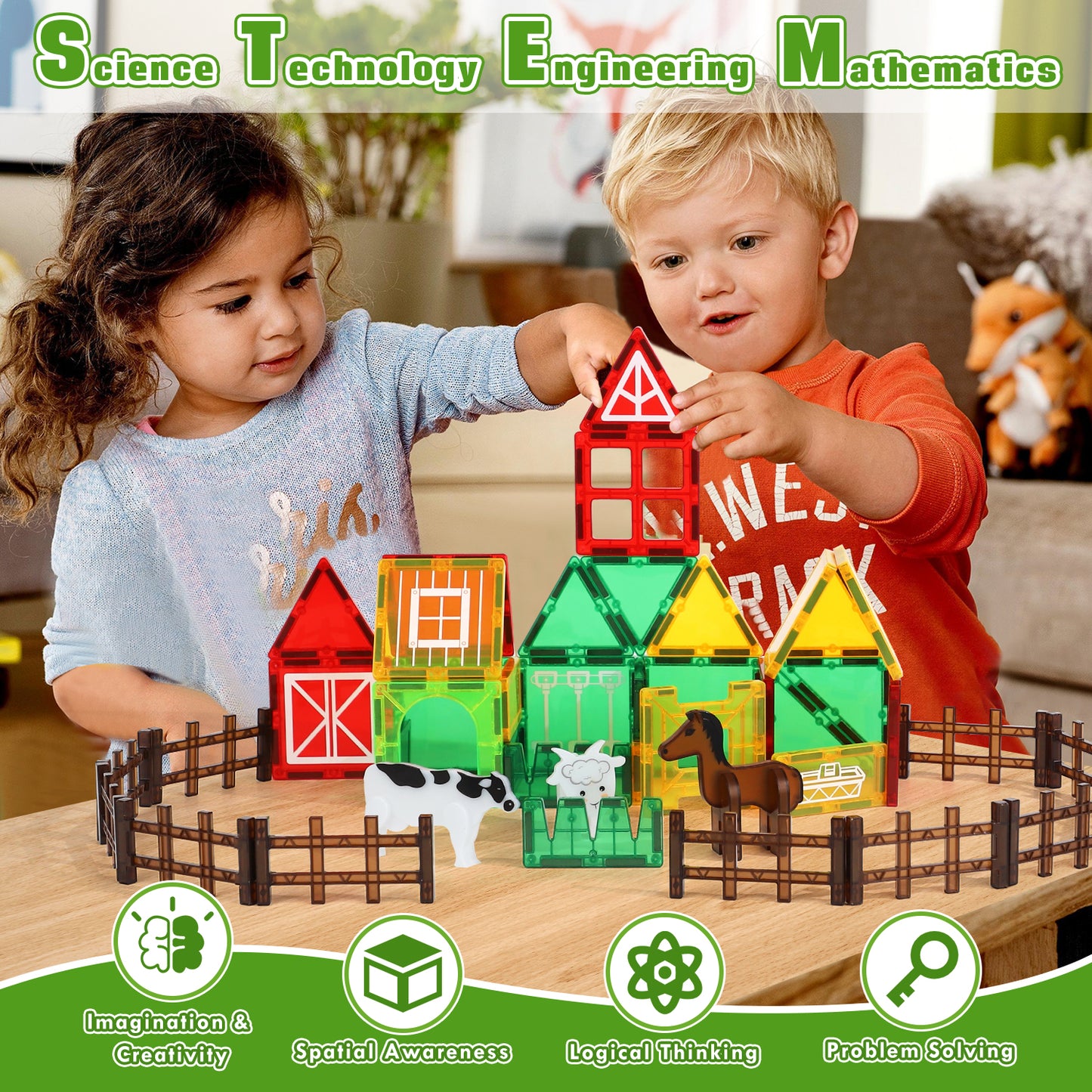 Magnetic Tiles, Farm Animals Theme 46 PCS Magnetic Blocks, Montessori Learning Toys for 3 to 4 Year, Magnetic Construction Toys for Toddlers 3-6 Years Old, Educational Toys for Boys Girls