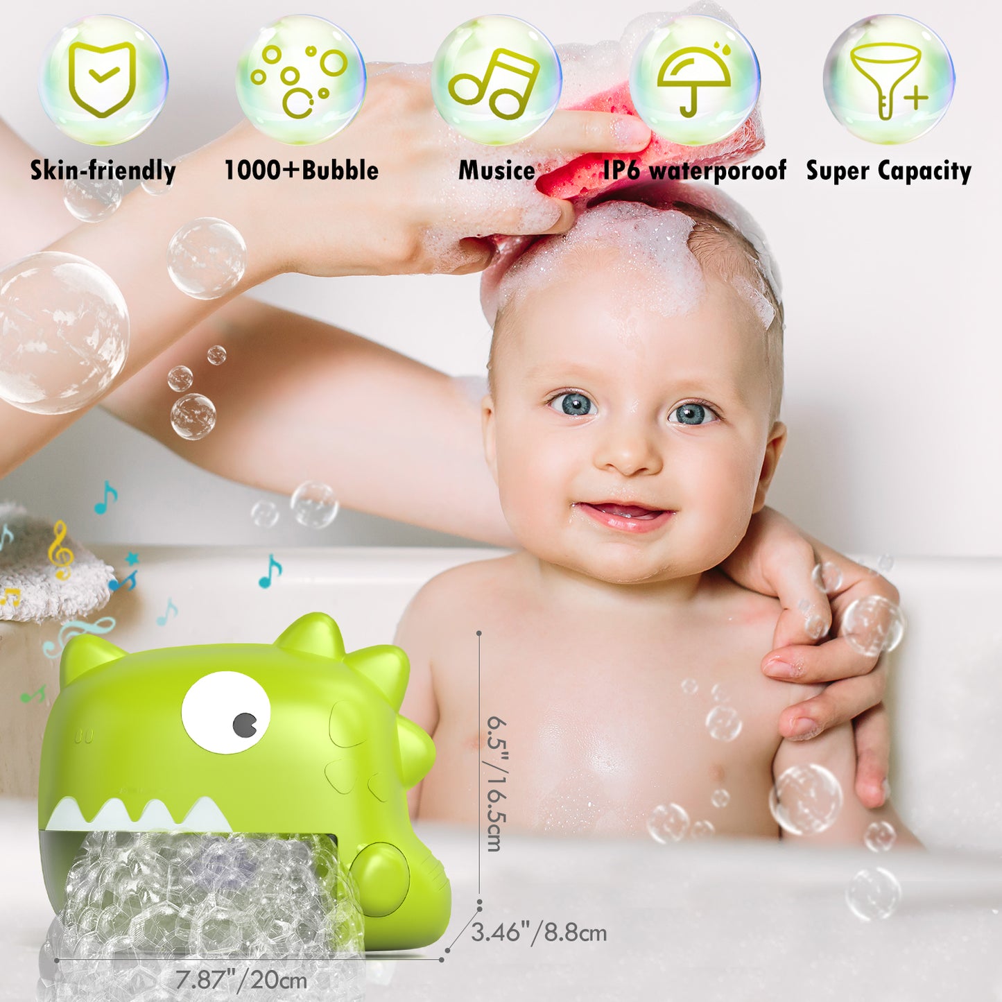 Bath Toys, Toddler Bath Bubble Machine, Bathtub Toy Dinosaur, Bubble Maker with 12 Songs, Bath Time Shower Bath Wall Toy for Boys Girls - Green
