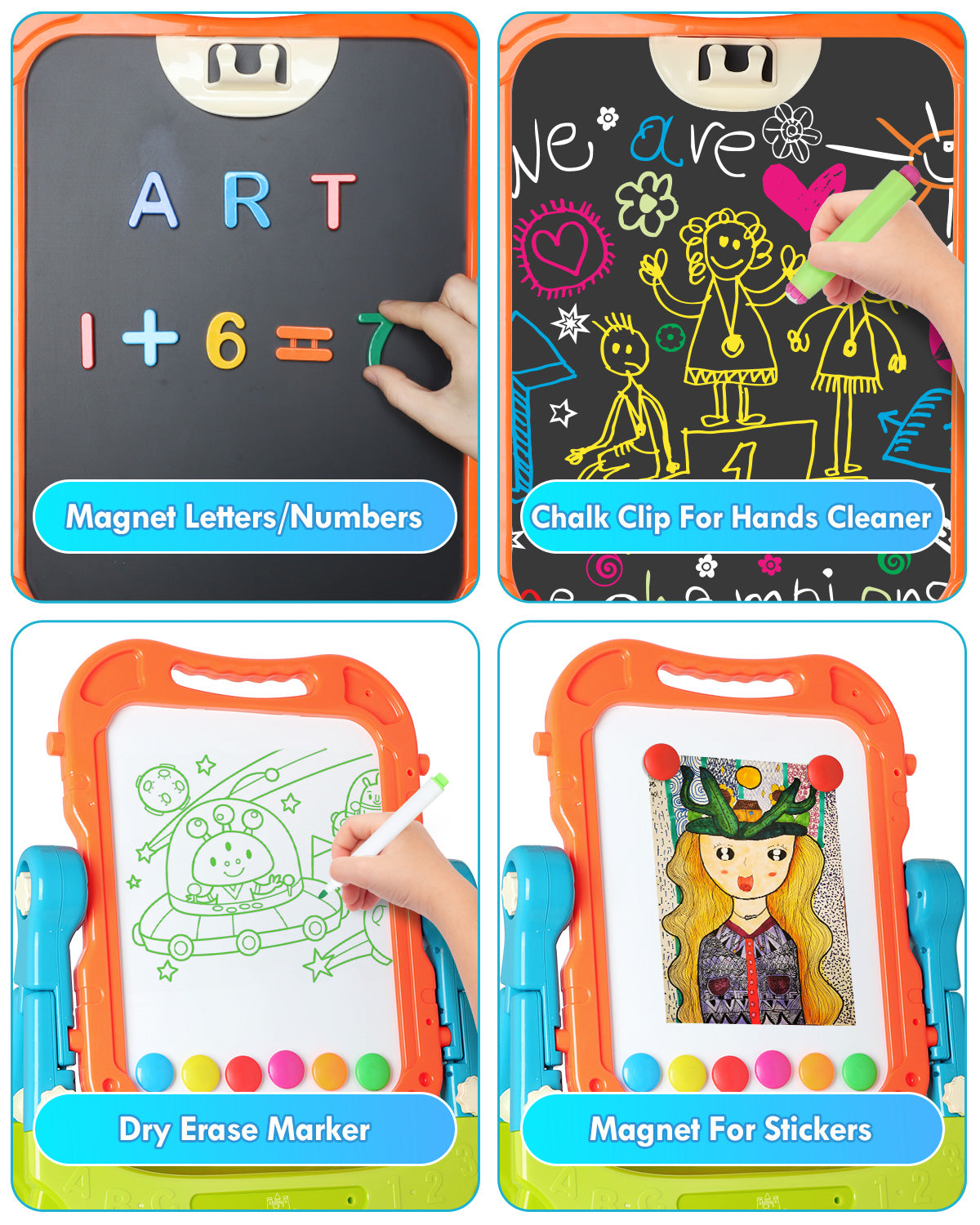 Easel for Kids, 4 in 1 Rotatable Double Sided Adjustable Standing Kids Art Easel Drawing Board White Board Chalkboard with Painting Accessories - Green