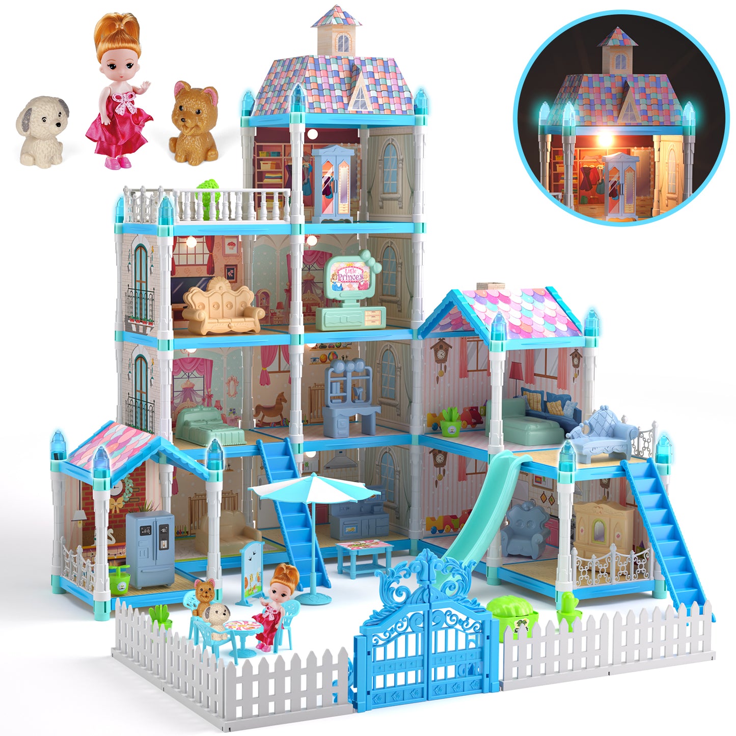 Dollhouse for Girls, 11 Rooms Huge Doll House with LED Lights, Noctilucent, 1 Doll, 2 Dogs, Furnitures, Pretend Play Toys for Girls, Best Birthdays Christmas Gift for Girls Age 3+