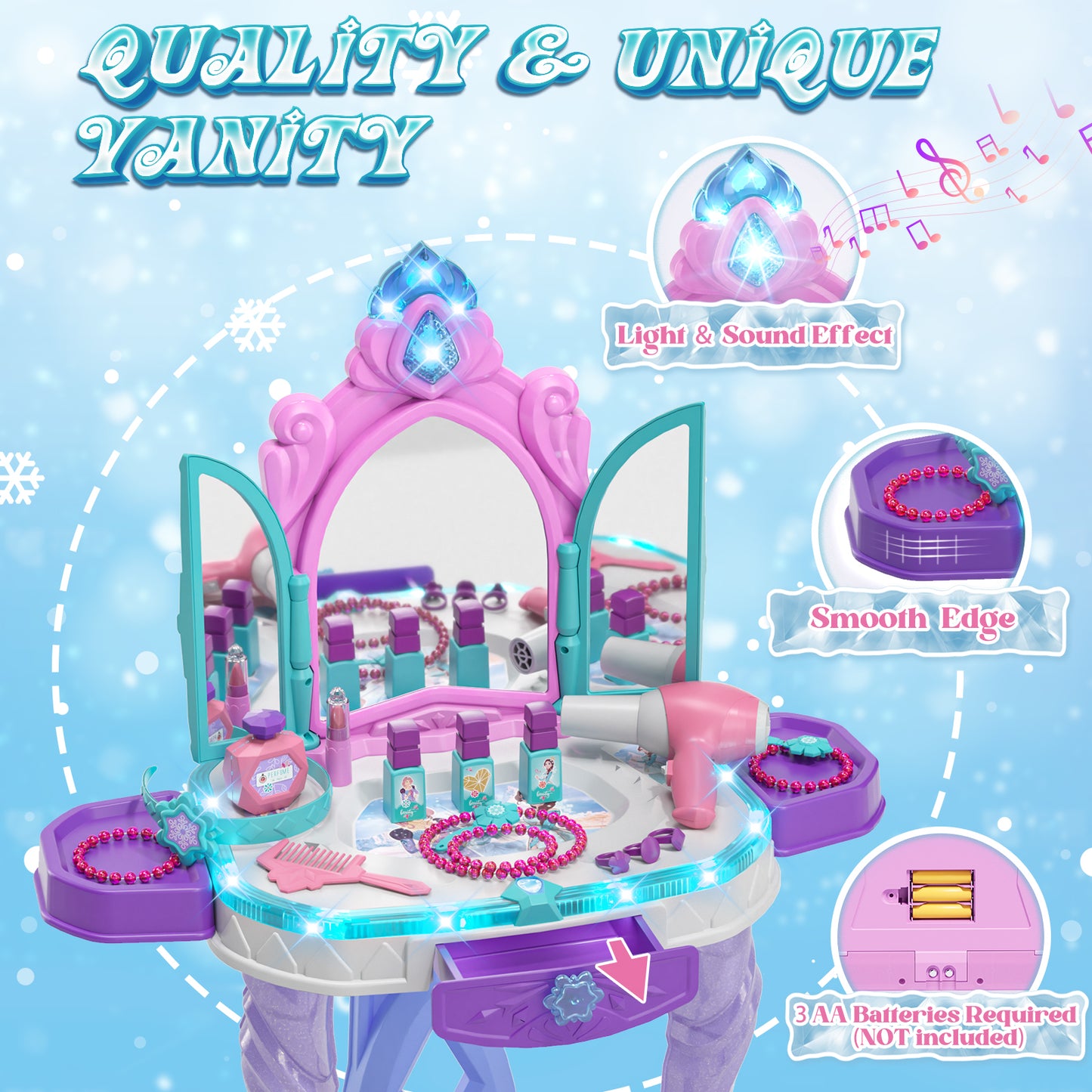 Kids Vanity Sets for Girls, Toddler Vanity Set Makeup Table for Kids, Girls Vanity with Mirror & Lights & Music Sound, Kids Makeup Vanity with Chair & Accessories, Toddler Toys for 2-5 Year Old Girls