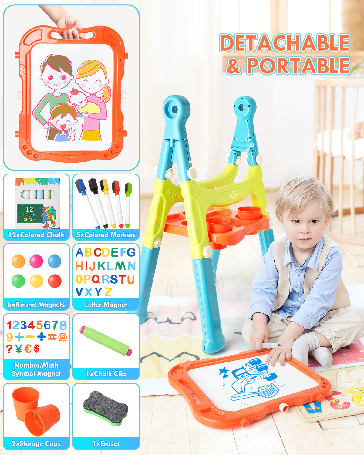 Easel for Kids, 4 in 1 Rotatable Double Sided Adjustable Standing Kids Art Easel Drawing Board White Board Chalkboard with Painting Accessories - Green