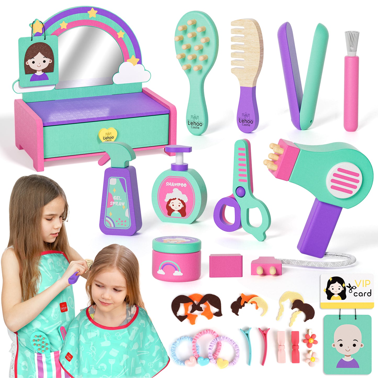 Kids Vanity Sets for Girls, Toddler Vanity Set, 32 PCS Wooden Kids Hair Salon Playset, Hairdressing Pretend Playset, Barber Pretend Hair Styling Set with Apron/Hair Dryer/Hair Accessories for Age 3+