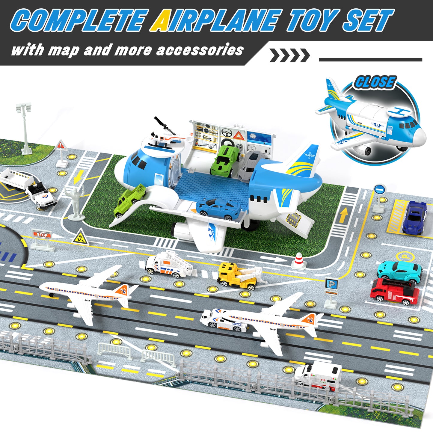 Airplane Toys, Toddler Toys for 2+ Year Old Boys, Transport Airplane with 6 Race Cars, 6 Carrier Cars, 2 Airplanes, 1 Helicopter, 1 Map, Boy Toys Planes for Kids, Best Gifts for 3 4 5+ Years Old Boys
