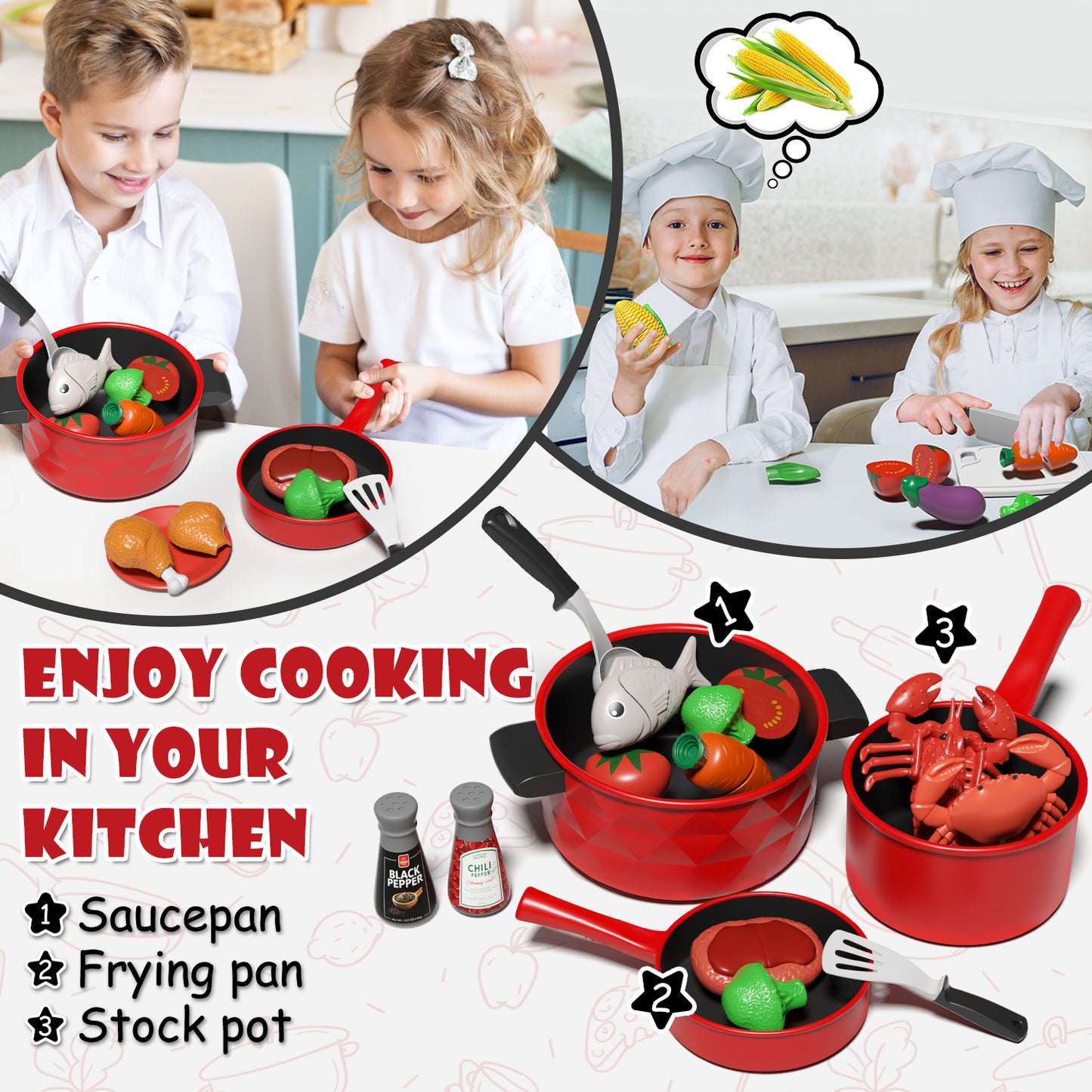 Play Food 34 Pcs, Kitchen Set for Kids, Kitchen Toys, Pretend Play Kitchen Accessories, Cutting Toy Food with Pans, Pot and Utensils, Preschool Learning Education Toddler Toys, Gifts for Girls Boys