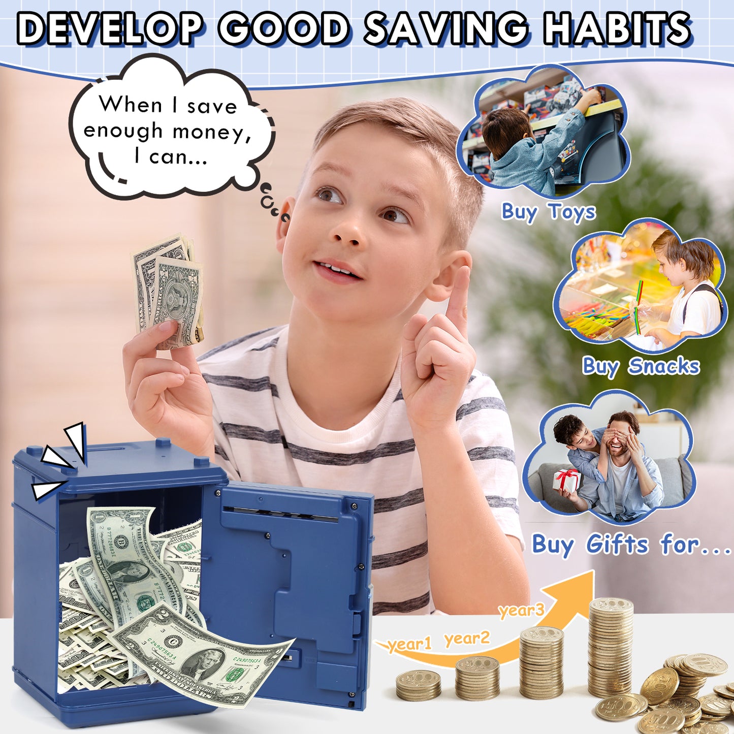 Piggy Banks for Kids, Money Bank, Piggy Bank for Boys Girls, Electronic Password Cash Coin Can ATM Bank with Auto Grab Bill Slot, Money Coin Saving Box for Kids, Perfect Gifts for Boys Girls, Blue