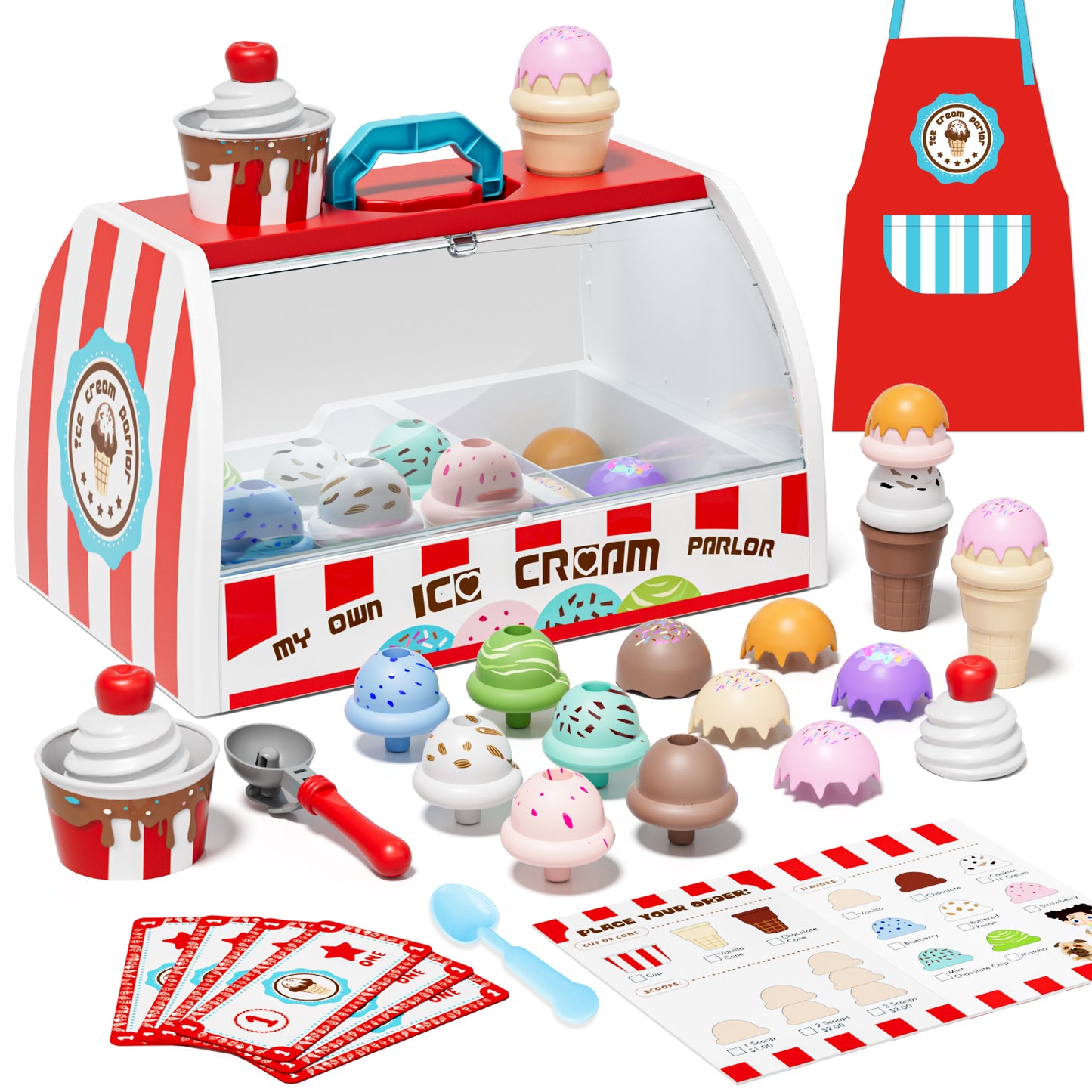 Ice Cream Toy Play Set for Kids, Pretend Play Food Accessories, Toy Food, Toys for Girls, Best Gift for 3 4 5 6 Year Old Girl or Boy -Red