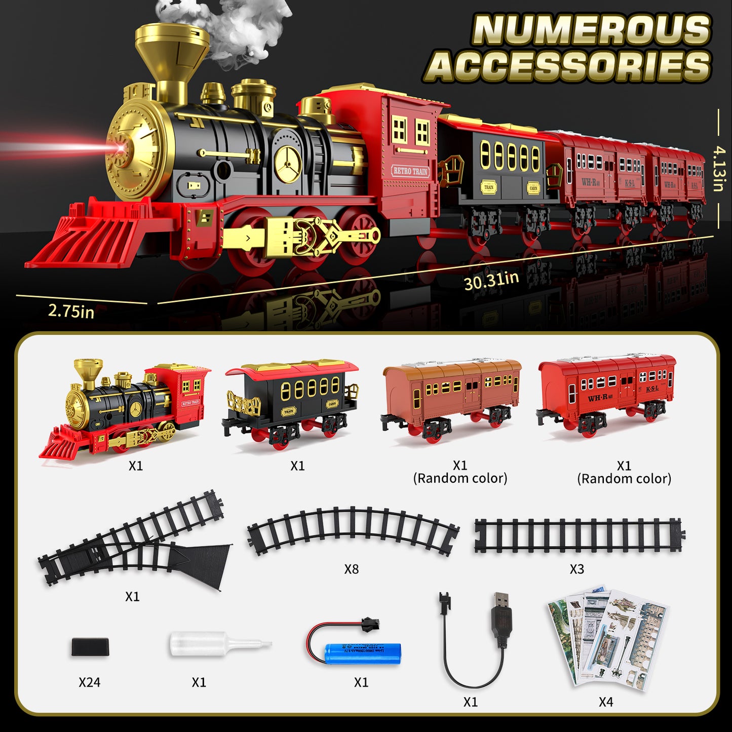 Train Set, Train Toys for Toddlers with Smoke, Lights & Sound, Toy Train with Train Tracks, Rechargeable Steam Train Sets for Kids 2 3 4 5 6 7 8+ Years Old, Birthday Christmas Gift for Boys Girls