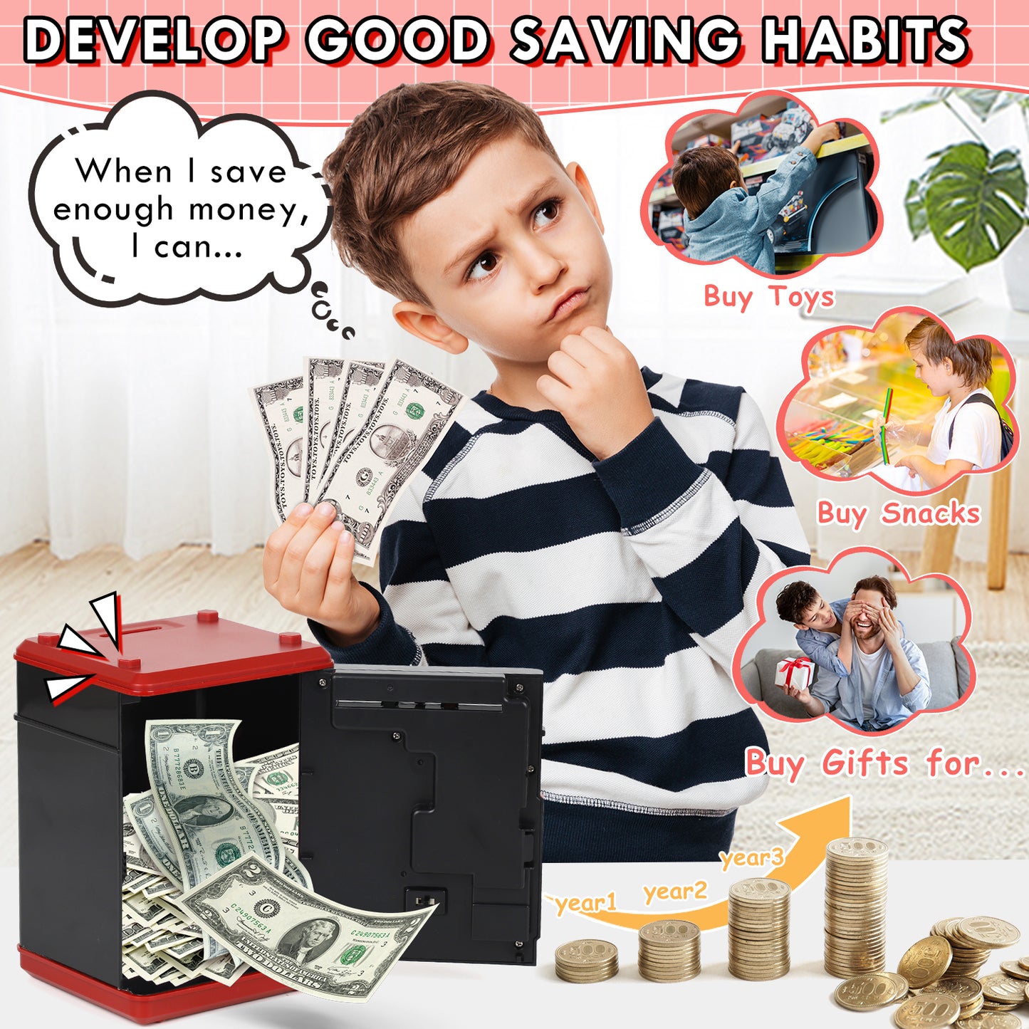 Piggy Banks for Kids, Money Bank, Piggy Bank for Boys Girls, Electronic Password Cash Coin Can ATM Bank with Auto Grab Bill Slot, Money Coin Saving Box for Kids, Perfect Gifts for Boys Girls
