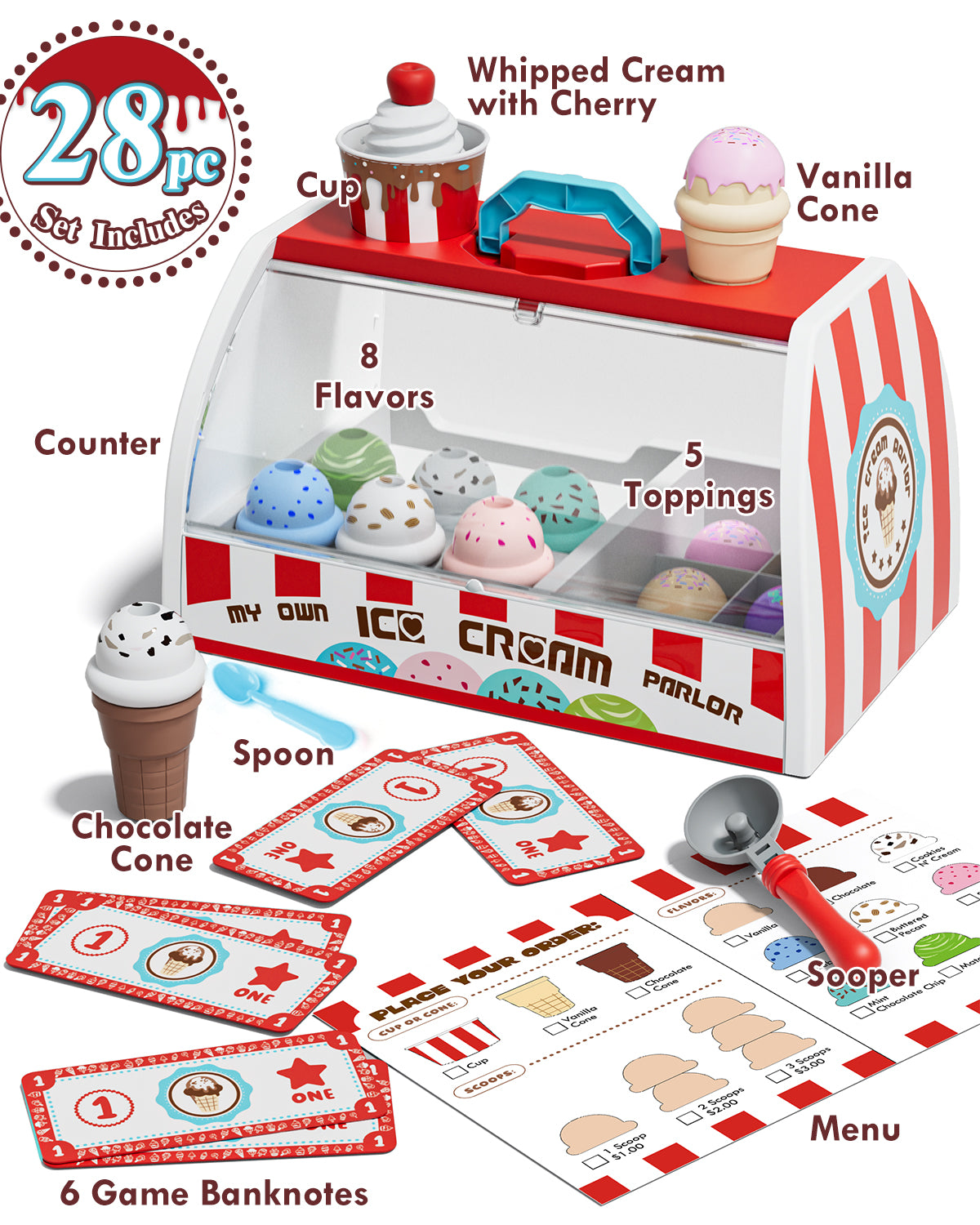Ice Cream Toy Play Set for Kids, Pretend Play Food Accessories, Toy Food, Toys for Girls, Best Gift for 3 4 5 6 Year Old Girl or Boy -Red