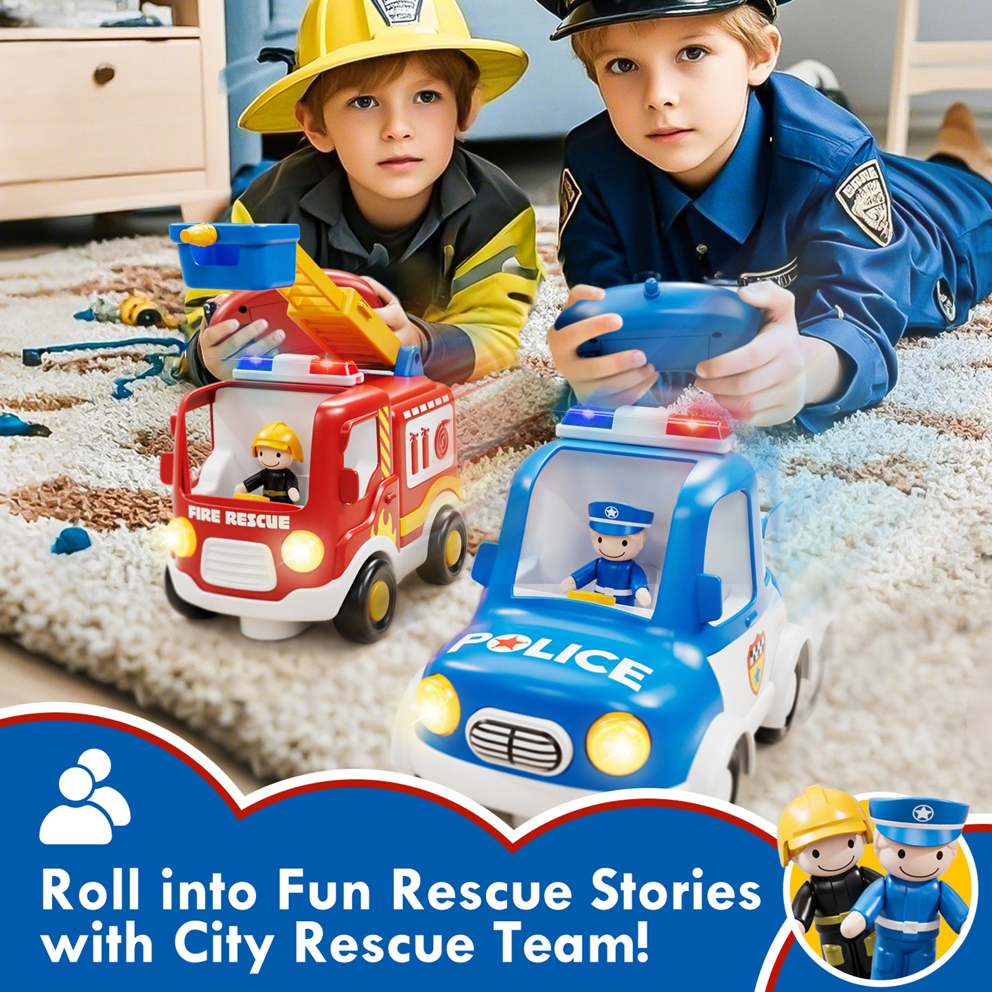 2 Packs Remote Control Cars for Toddlers, Remote Control Toys with Lights & Music, Rechargeable RC Cars for Toddler Toys 2-3, Fire Truck & Police Car Toy for 2 Year Old Boy Toys for 2 3 4 Year Old