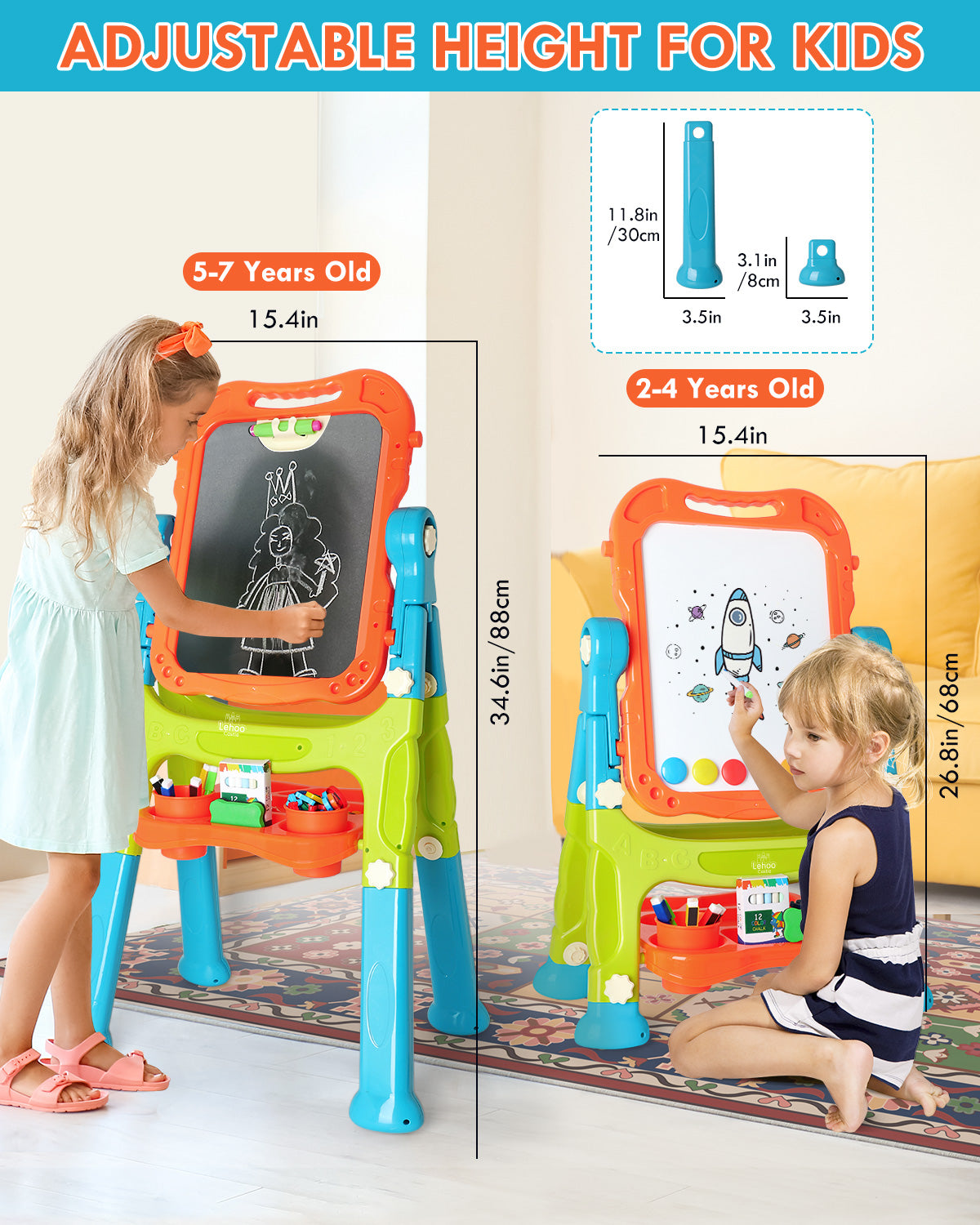 Easel for Kids, 4 in 1 Rotatable Double Sided Adjustable Standing Kids Art Easel Drawing Board White Board Chalkboard with Painting Accessories