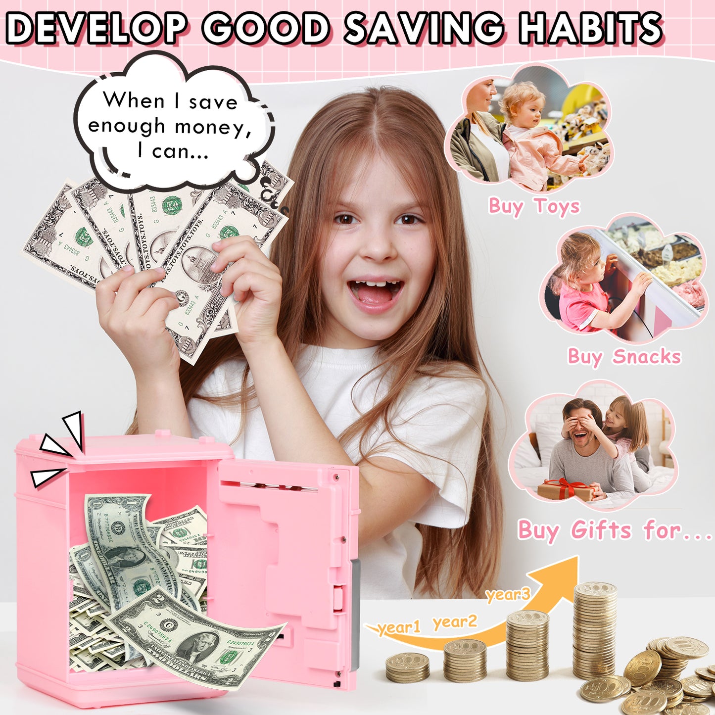 Piggy Banks for Kids, Money Bank, Piggy Bank for Boys Girls, Electronic Password Cash Coin Can ATM Bank with Auto Grab Bill Slot, Money Coin Saving Box for Kids, Perfect Gifts for Boys Girls, Pink