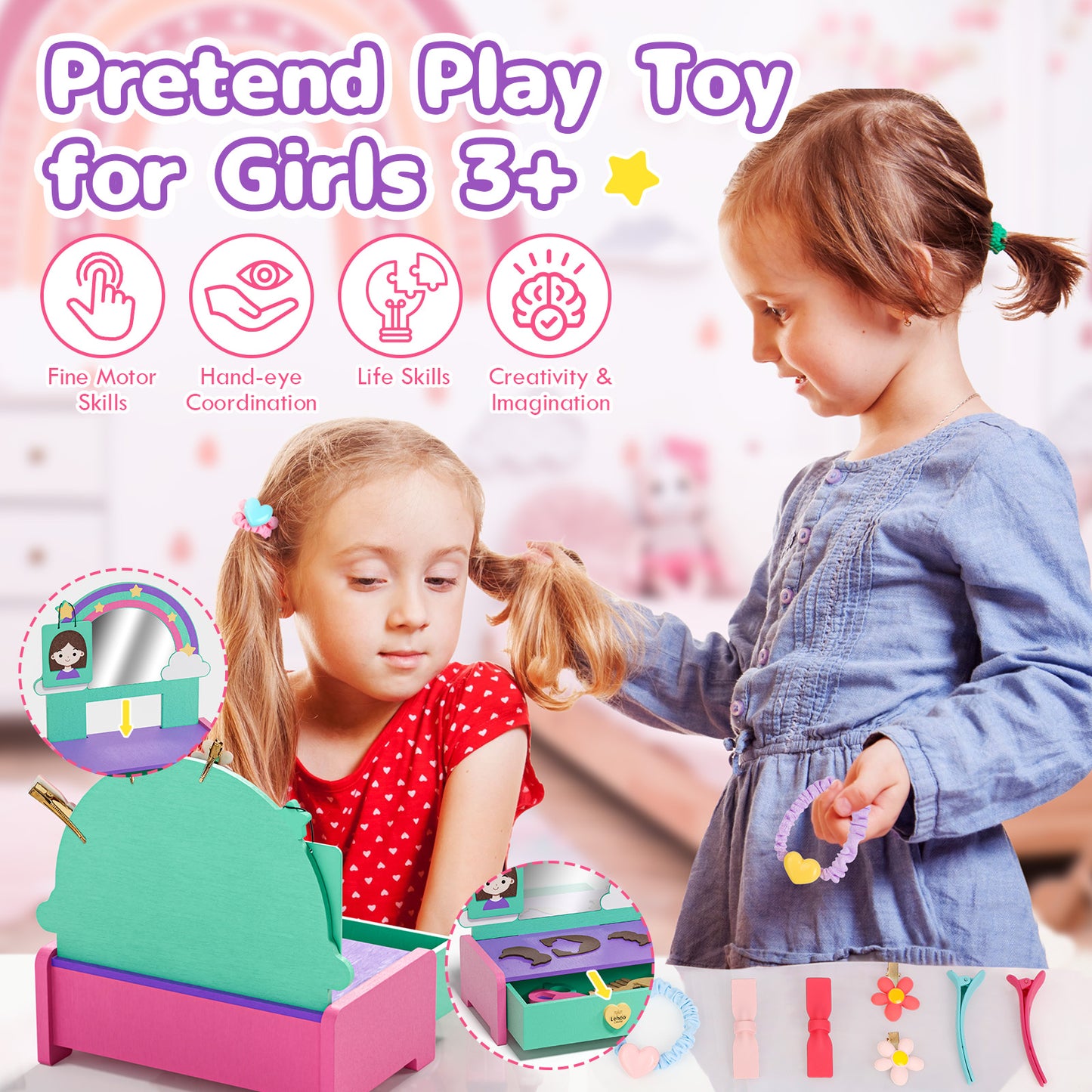Kids Vanity Sets for Girls, Toddler Vanity Set, 32 PCS Wooden Kids Hair Salon Playset, Hairdressing Pretend Playset, Barber Pretend Hair Styling Set with Apron/Hair Dryer/Hair Accessories for Age 3+
