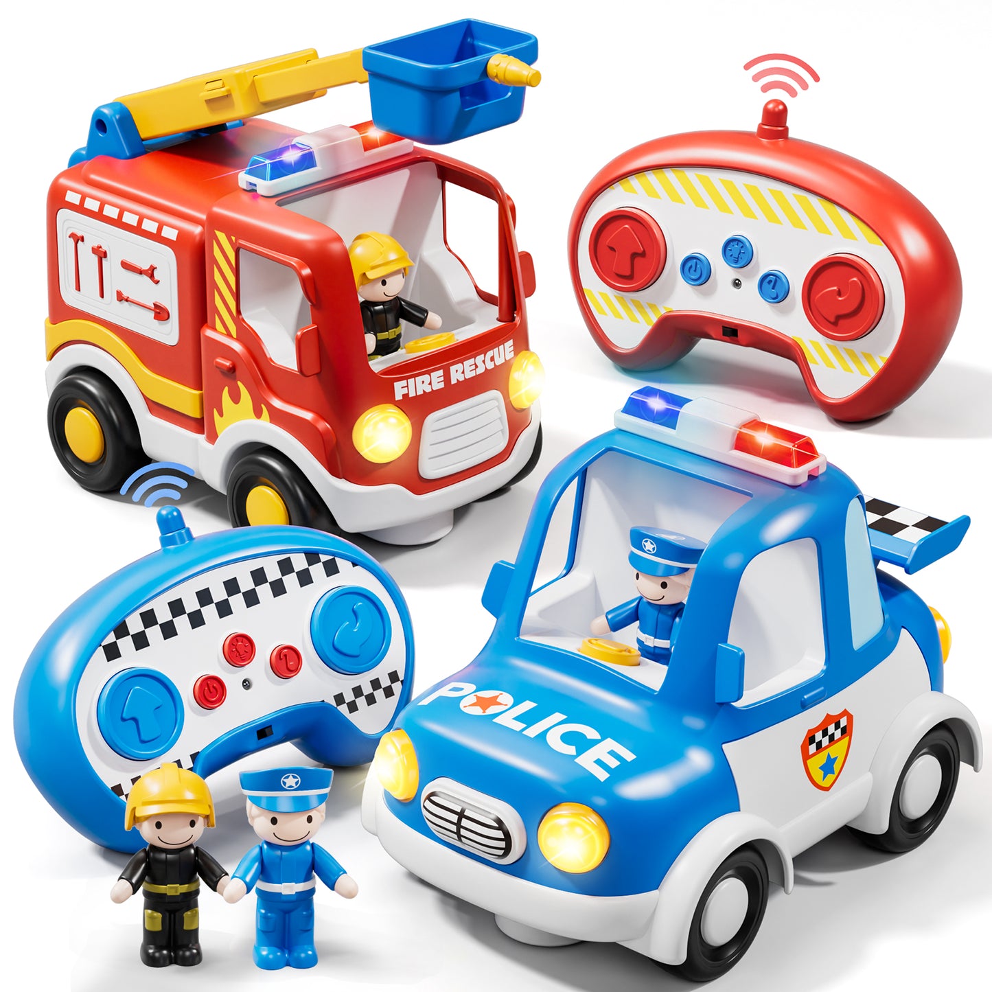 2 Packs Remote Control Cars for Toddlers, Remote Control Toys with Lights & Music, Rechargeable RC Cars for Toddler Toys 2-3, Fire Truck & Police Car Toy for 2 Year Old Boy Toys for 2 3 4 Year Old