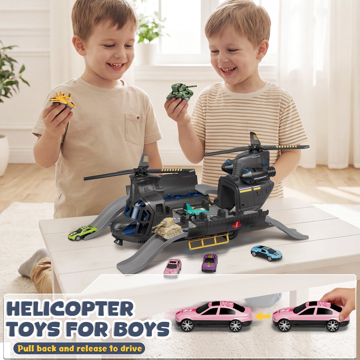 Helicopter Toy, Airplane Toys for Boys with Lights & Sounds, Toy Plane Set with 4 Race Cars, 2 Airplanes, 2 Tanks, Toys for 2+ Year Old Boys, Best Gifts for 3 4 5+ Years Old Boys