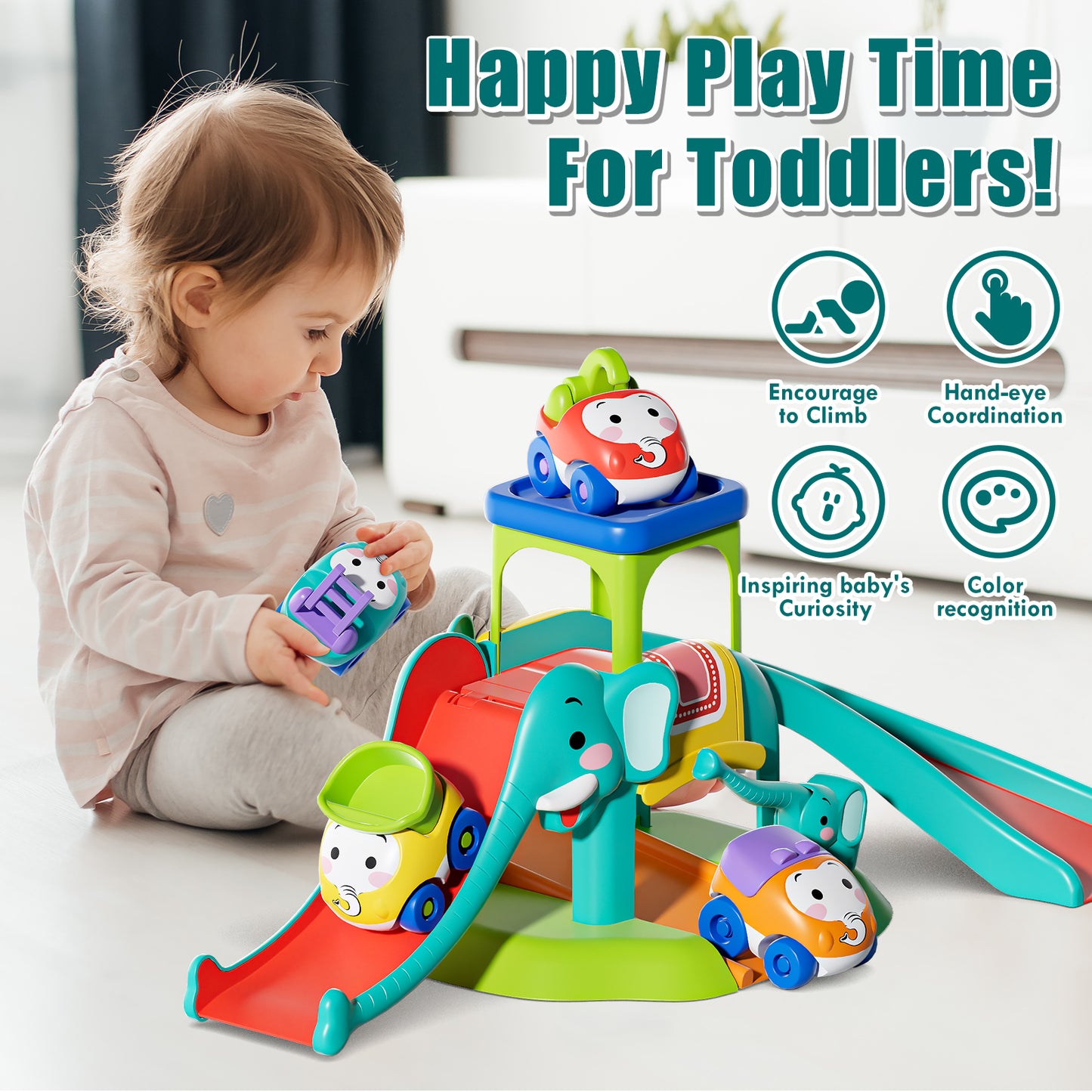 Toys for 1 2 3 Year Old Boy Girl, Toddler Toys, Toy Cars for Toddlers, 5 in 1 Elephant Slide & Parking with 4 Push and Go Toy Cars, Learning Educational Baby Toys for 1+ Year Old Birthday Gifts