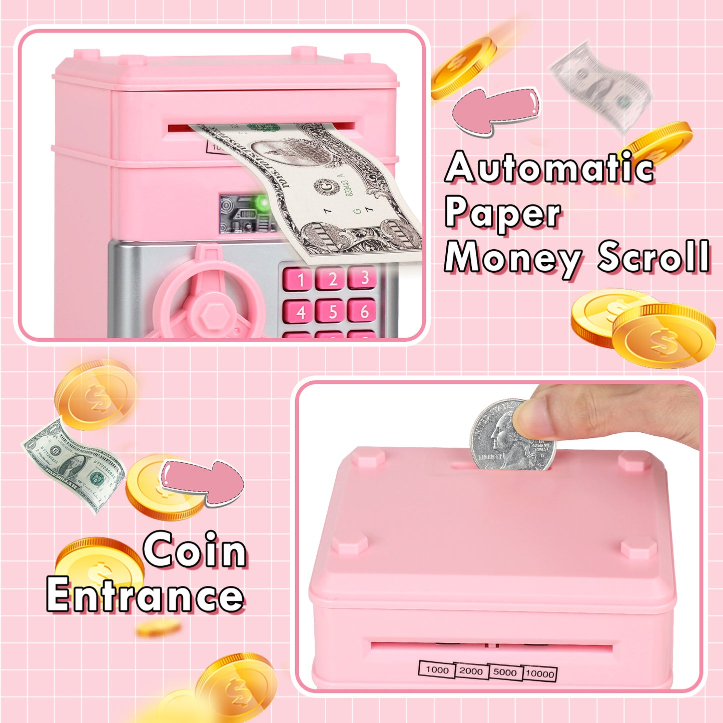 Piggy Banks for Kids, Money Bank, Piggy Bank for Boys Girls, Electronic Password Cash Coin Can ATM Bank with Auto Grab Bill Slot, Money Coin Saving Box for Kids, Perfect Gifts for Boys Girls, Pink