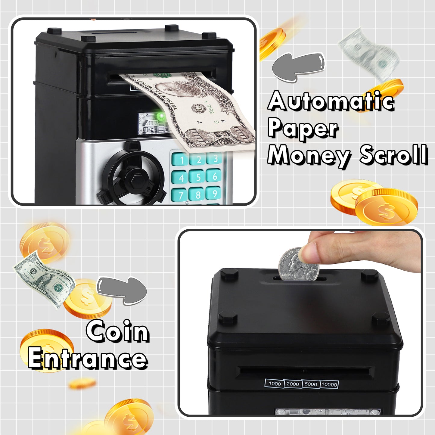 Piggy Banks for Kids, Money Bank, Piggy Bank for Boys Girls, Electronic Password Cash Coin Can ATM Bank with Auto Grab Bill Slot, Money Coin Saving Box for Kids, Perfect Gifts for Boys Girls, Black