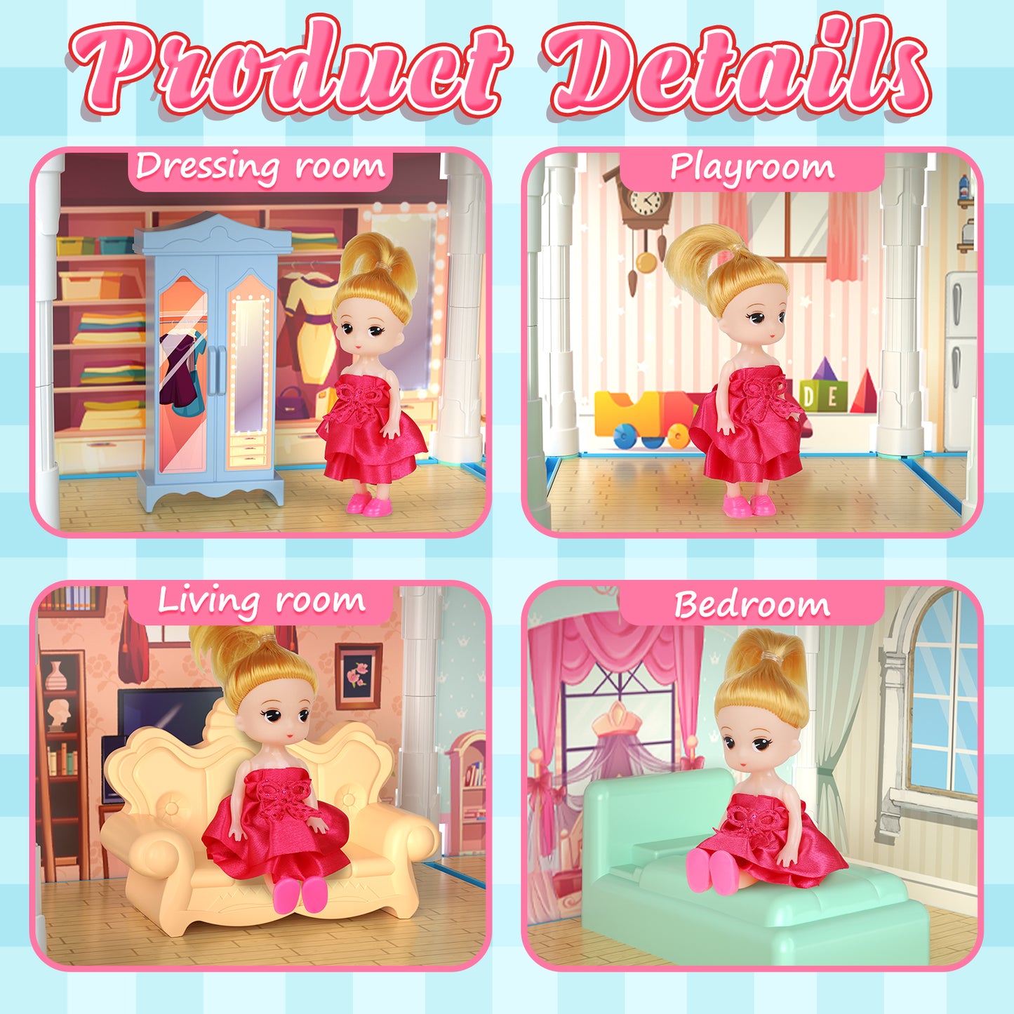 Dollhouse for Girls, 11 Rooms Huge Doll House with LED Lights, Noctilucent, 1 Doll, 2 Dogs, Furnitures, Pretend Play Toys for Girls, Best Birthdays Christmas Gift for Girls Age 3+