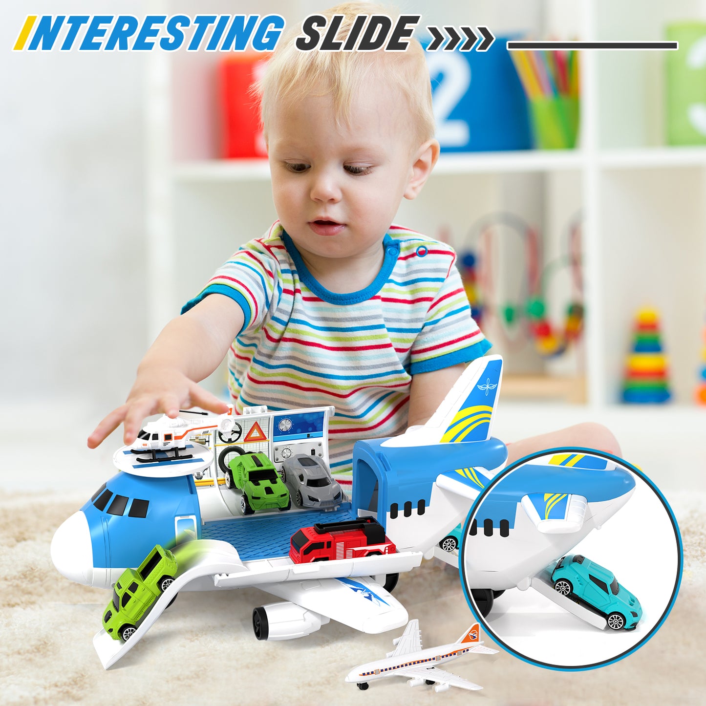 Airplane Toys, Toddler Toys for 2+ Year Old Boys, Transport Airplane with 6 Race Cars, 6 Carrier Cars, 2 Airplanes, 1 Helicopter, 1 Map, Boy Toys Planes for Kids, Best Gifts for 3 4 5+ Years Old Boys