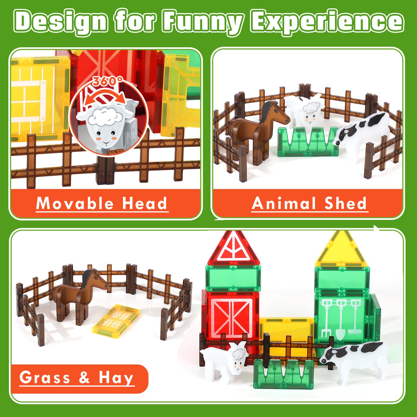 Magnetic Tiles, Farm Animals Theme 46 PCS Magnetic Blocks, Montessori Learning Toys for 3 to 4 Year, Magnetic Construction Toys for Toddlers 3-6 Years Old, Educational Toys for Boys Girls