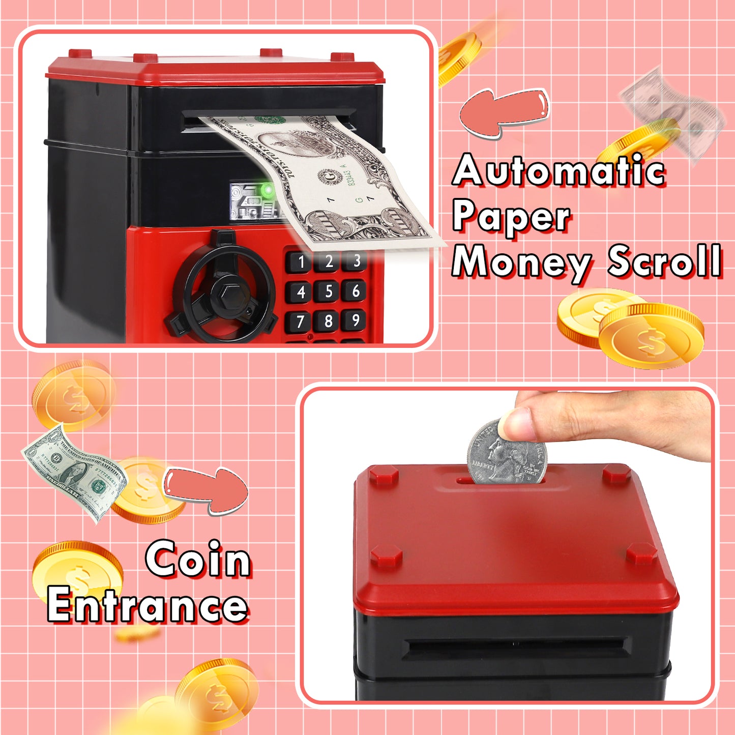 Piggy Banks for Kids, Money Bank, Piggy Bank for Boys Girls, Electronic Password Cash Coin Can ATM Bank with Auto Grab Bill Slot, Money Coin Saving Box for Kids, Perfect Gifts for Boys Girls