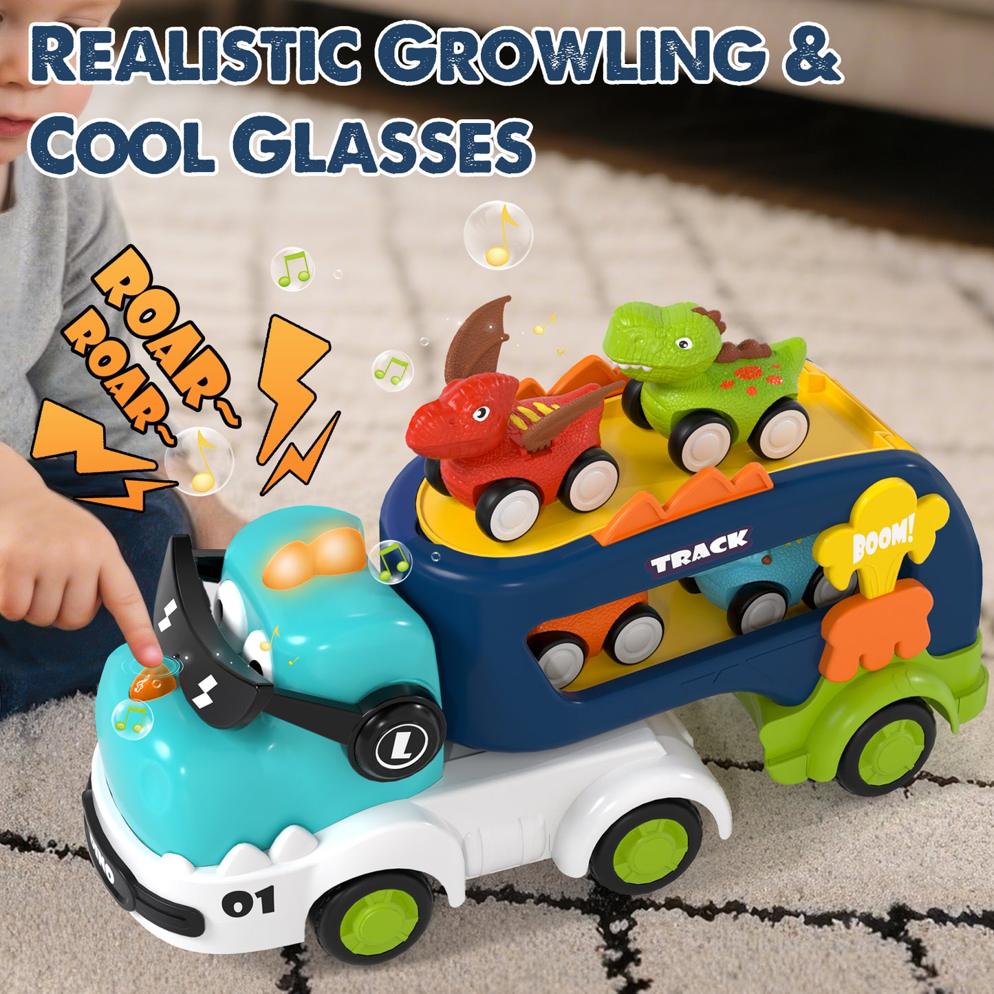 Toddler Toys for Boys 2 3 4 5+ Years Old, Dinosaur Toy Cars with Lights & Sounds, Toy Trucks Car for Boys, Pull Back Cars Baby Toys, 5 in 1 Car Carrier Truck Toy Sets, Best Birthday Christmas Gifts