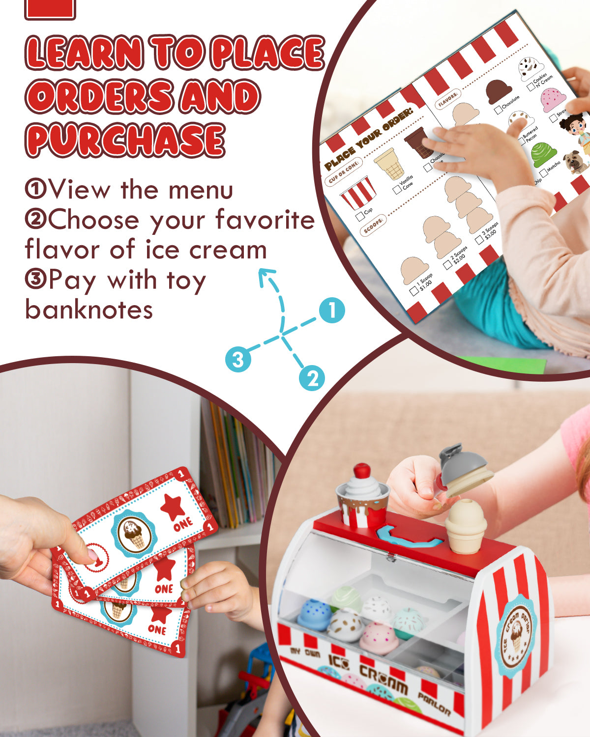 Ice Cream Toy Play Set for Kids, Pretend Play Food Accessories, Toy Food, Toys for Girls, Best Gift for 3 4 5 6 Year Old Girl or Boy -Red