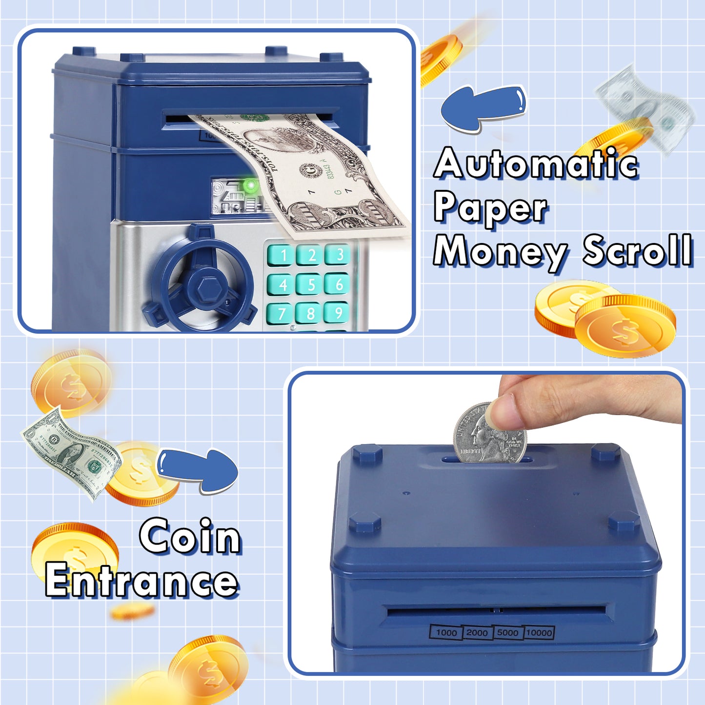 Piggy Banks for Kids, Money Bank, Piggy Bank for Boys Girls, Electronic Password Cash Coin Can ATM Bank with Auto Grab Bill Slot, Money Coin Saving Box for Kids, Perfect Gifts for Boys Girls, Blue