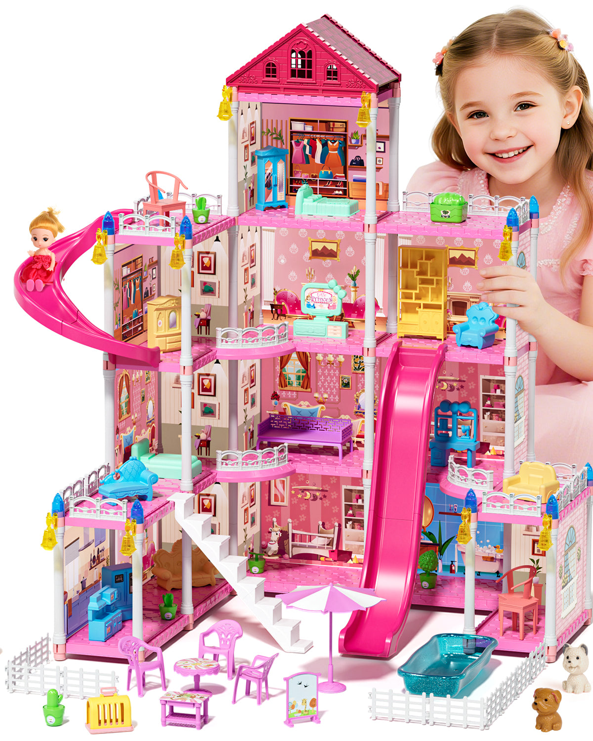 12 Room Doll House - Toys for 3 Year Old Girl Dream Dollhouse Playhouse with LED Lights Furniture and Accessories, Pretend Play kit Doll House for Princess Age 3 4 5 6 7