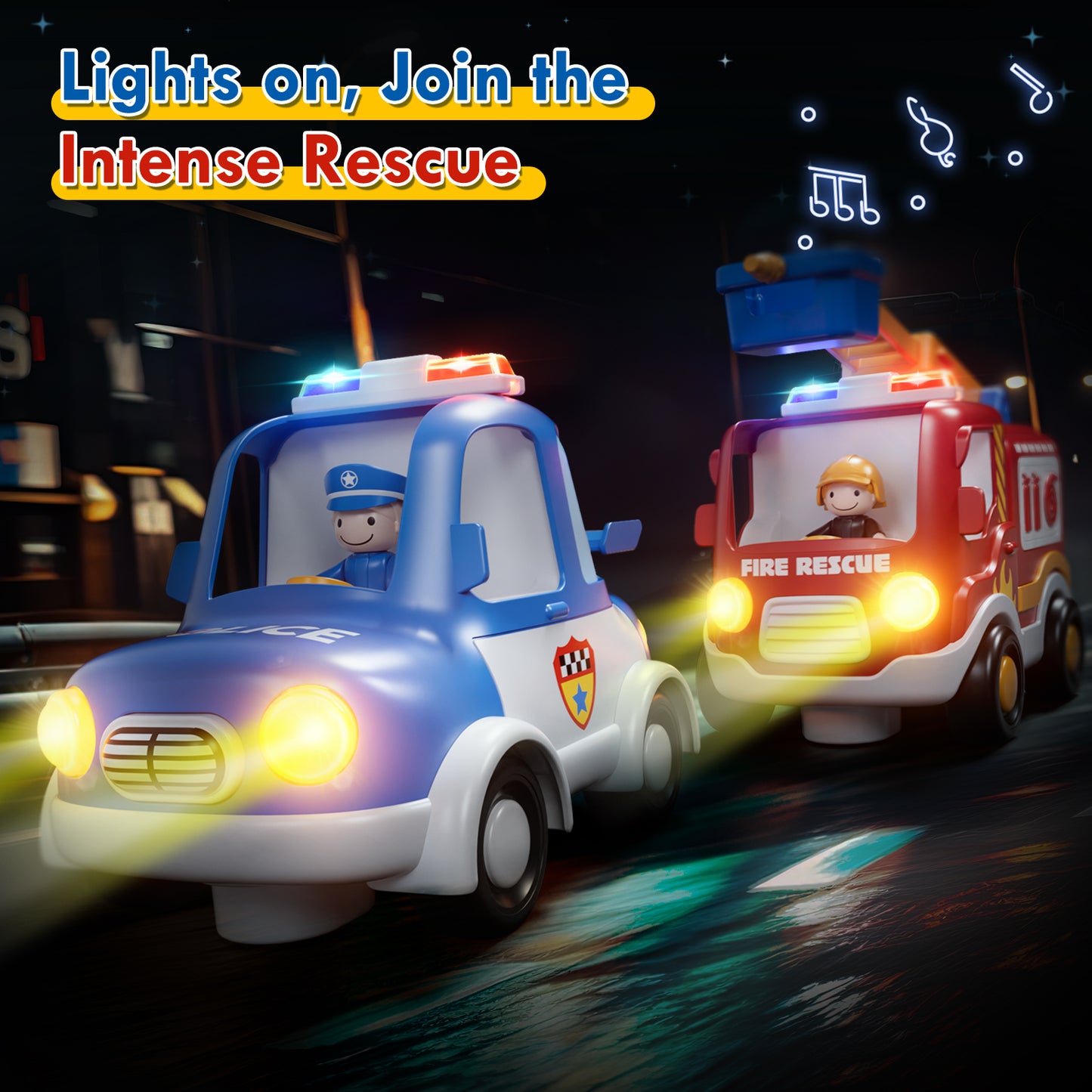 2 Packs Remote Control Cars for Toddlers, Remote Control Toys with Lights & Music, Rechargeable RC Cars for Toddler Toys 2-3, Fire Truck & Police Car Toy for 2 Year Old Boy Toys for 2 3 4 Year Old