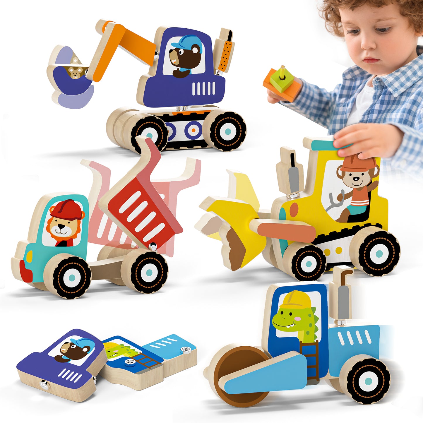 Toys for Boys 2 to 4 Years Old, Construction Vehicle Take Apart Toys Cars For Toddlers, Construction Toys for Boys 3 6 Years, Wooden Cars Toys, Learning Educational Toys for Kids Birthday Gifts