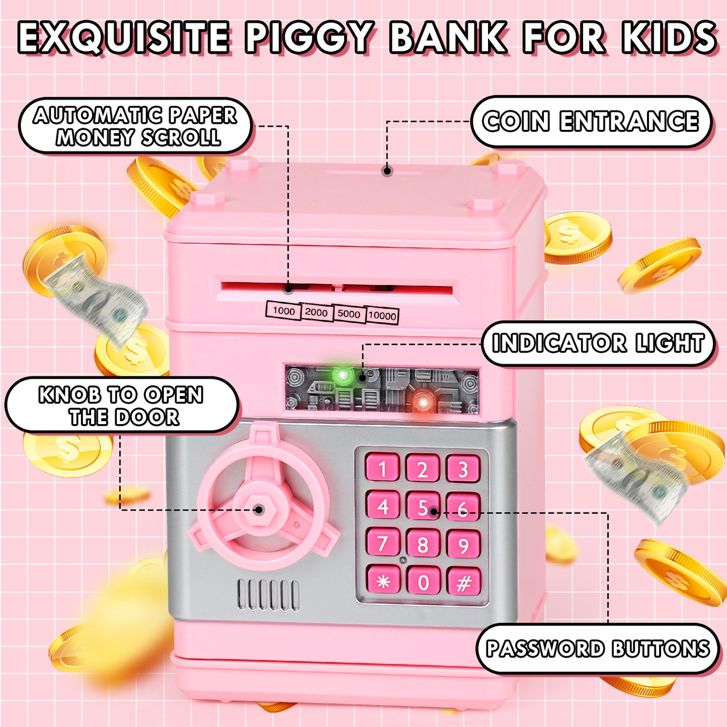 Piggy Banks for Kids, Money Bank, Piggy Bank for Boys Girls, Electronic Password Cash Coin Can ATM Bank with Auto Grab Bill Slot, Money Coin Saving Box for Kids, Perfect Gifts for Boys Girls, Pink