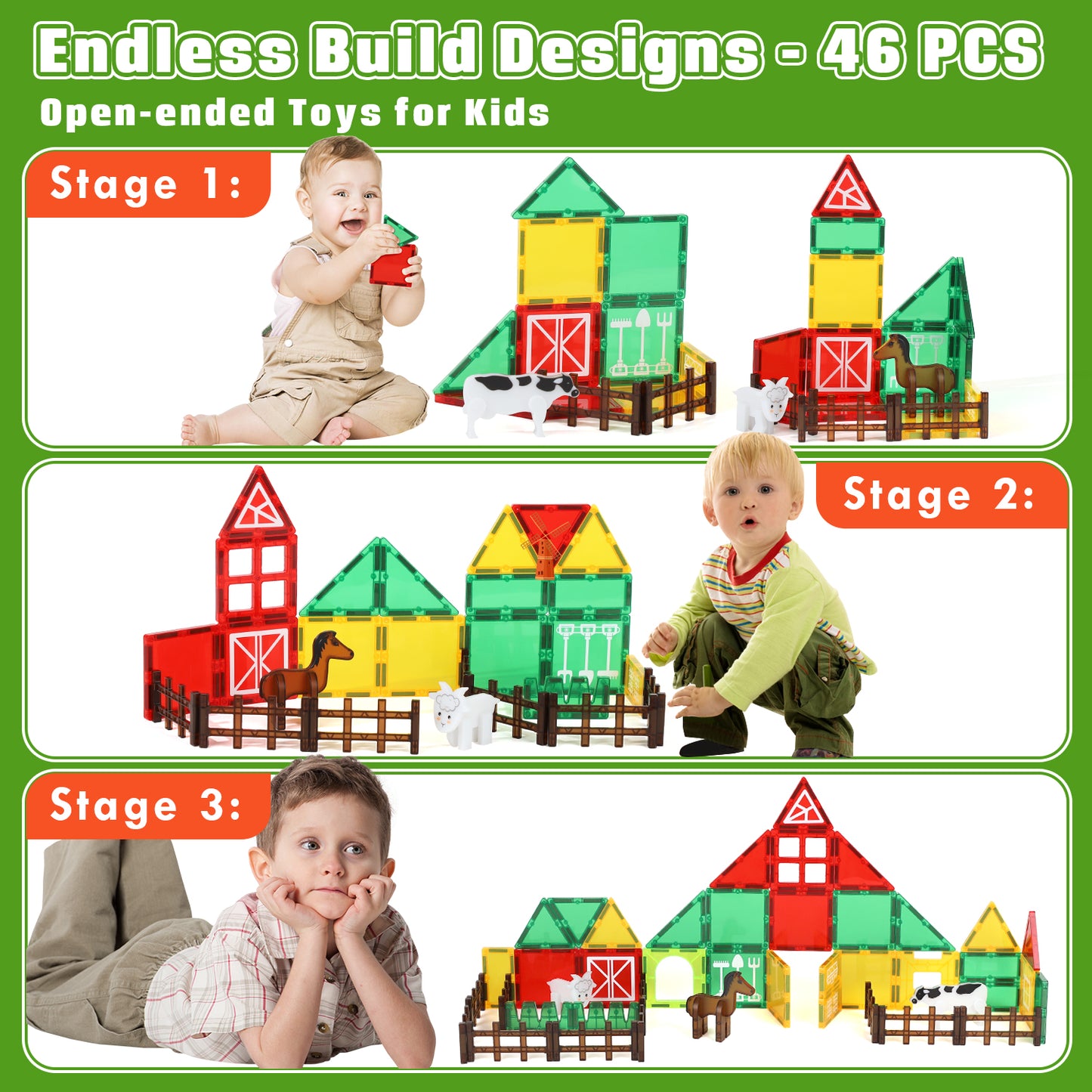 Magnetic Tiles, Farm Animals Theme 46 PCS Magnetic Blocks, Montessori Learning Toys for 3 to 4 Year, Magnetic Construction Toys for Toddlers 3-6 Years Old, Educational Toys for Boys Girls