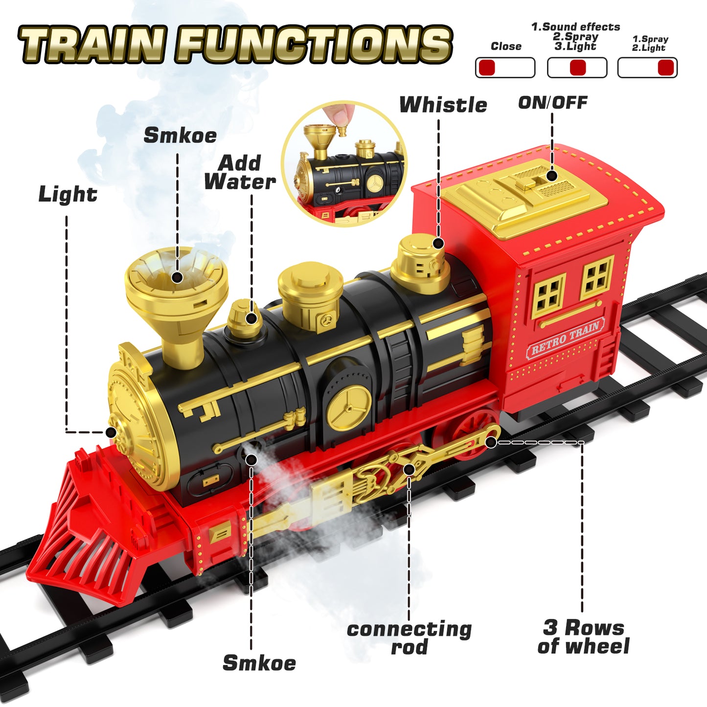 Train Set, Train Toys for Toddlers with Smoke, Lights & Sound, Toy Train with Train Tracks, Rechargeable Steam Train Sets for Kids 2 3 4 5 6 7 8+ Years Old, Birthday Christmas Gift for Boys Girls