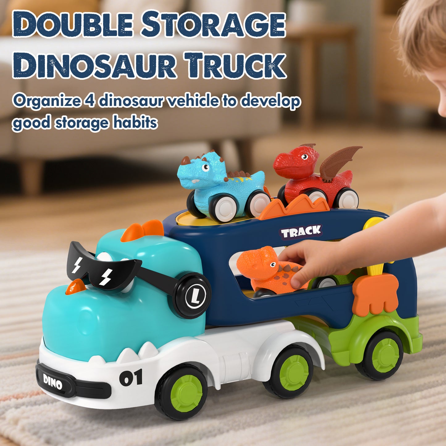 Toddler Toys for Boys 2 3 4 5+ Years Old, Dinosaur Toy Cars with Lights & Sounds, Toy Trucks Car for Boys, Pull Back Cars Baby Toys, 5 in 1 Car Carrier Truck Toy Sets, Best Birthday Christmas Gifts