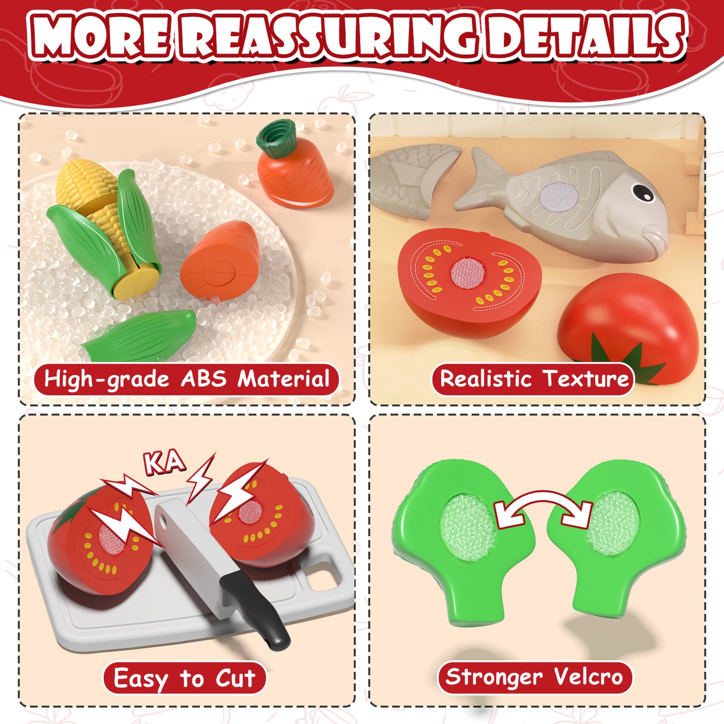 Play Food 34 Pcs, Kitchen Set for Kids, Kitchen Toys, Pretend Play Kitchen Accessories, Cutting Toy Food with Pans, Pot and Utensils, Preschool Learning Education Toddler Toys, Gifts for Girls Boys