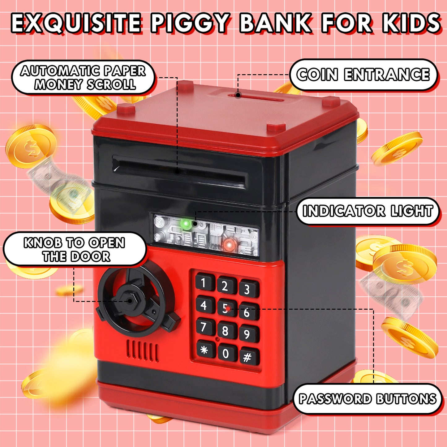 Piggy Banks for Kids, Money Bank, Piggy Bank for Boys Girls, Electronic Password Cash Coin Can ATM Bank with Auto Grab Bill Slot, Money Coin Saving Box for Kids, Perfect Gifts for Boys Girls