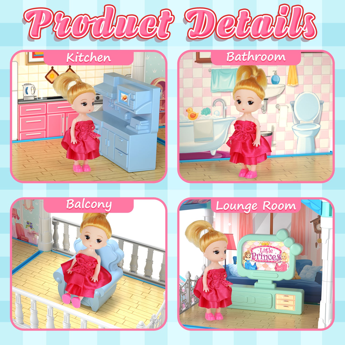 Dollhouse for Girls, 11 Rooms Huge Doll House with LED Lights, Noctilucent, 1 Doll, 2 Dogs, Furnitures, Pretend Play Toys for Girls, Best Birthdays Christmas Gift for Girls Age 3+