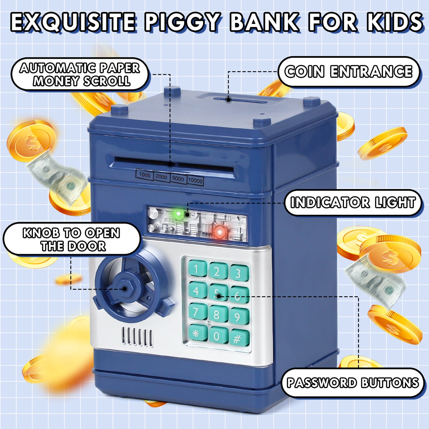 Piggy Banks for Kids, Money Bank, Piggy Bank for Boys Girls, Electronic Password Cash Coin Can ATM Bank with Auto Grab Bill Slot, Money Coin Saving Box for Kids, Perfect Gifts for Boys Girls