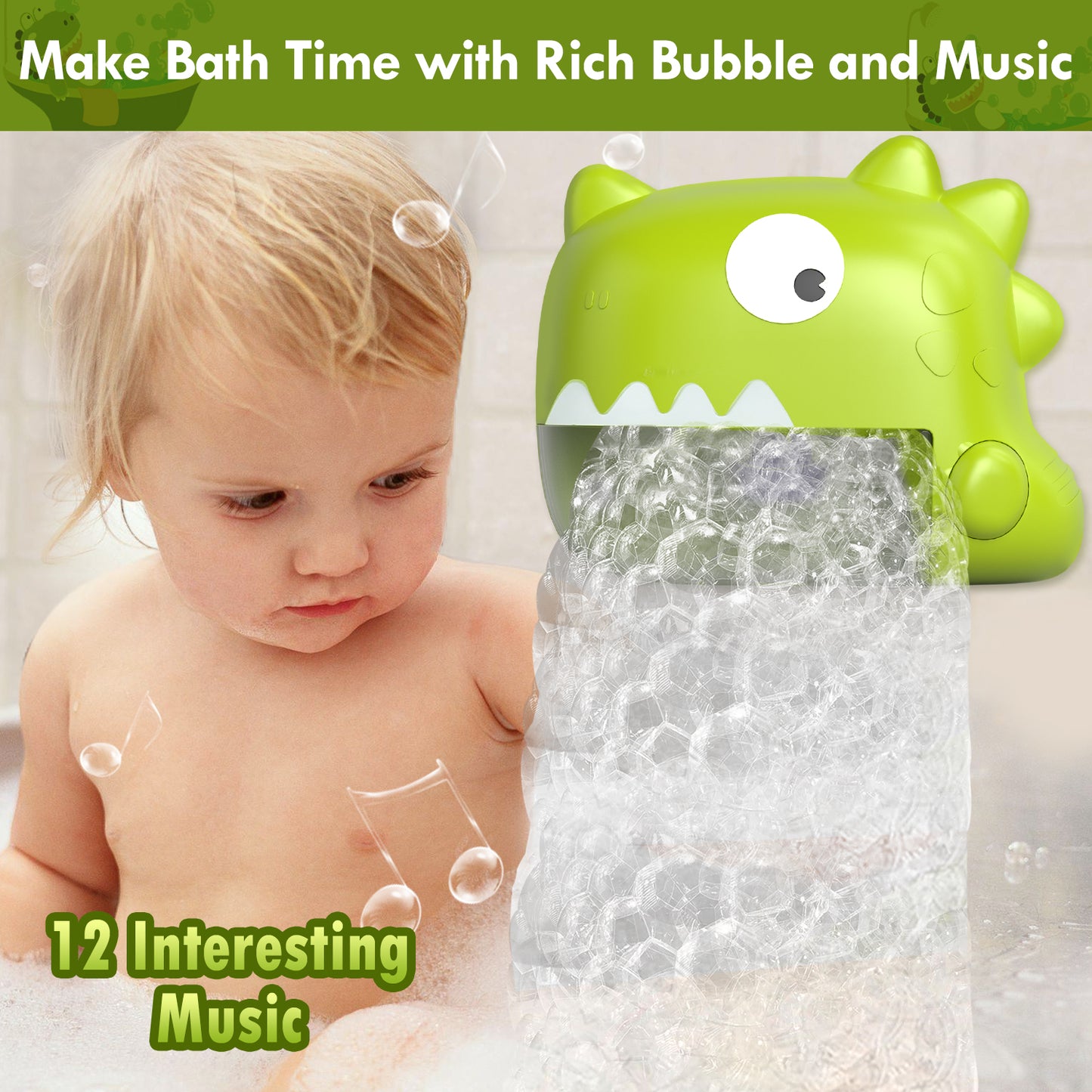 Bath Toys, Toddler Bath Bubble Machine, Bathtub Toy Dinosaur, Bubble Maker with 12 Songs, Bath Time Shower Bath Wall Toy for Boys Girls - Green