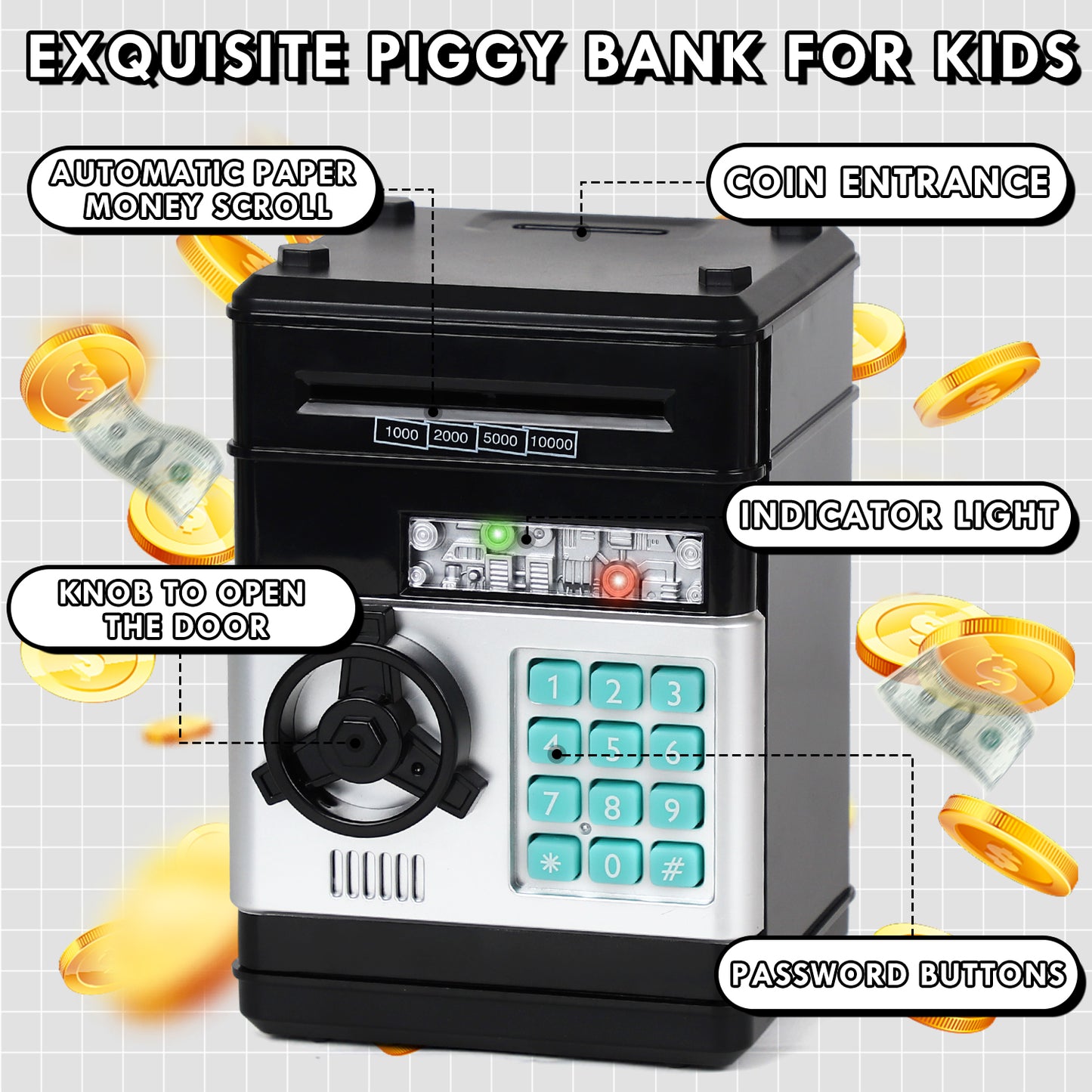 Piggy Banks for Kids, Money Bank, Piggy Bank for Boys Girls, Electronic Password Cash Coin Can ATM Bank with Auto Grab Bill Slot, Money Coin Saving Box for Kids, Perfect Gifts for Boys Girls, Black