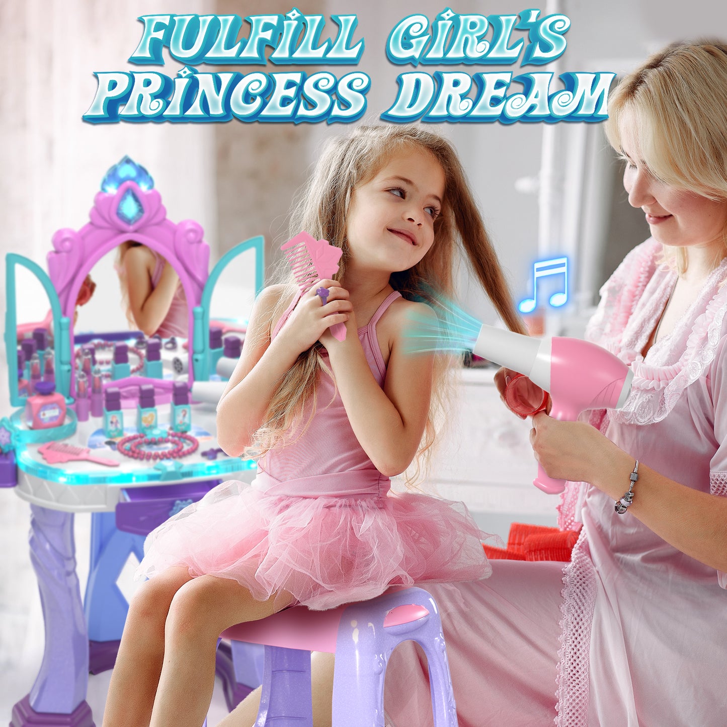 Kids Vanity Sets for Girls, Toddler Vanity Set Makeup Table for Kids, Girls Vanity with Mirror & Lights & Music Sound, Kids Makeup Vanity with Chair & Accessories, Toddler Toys for 2-5 Year Old Girls