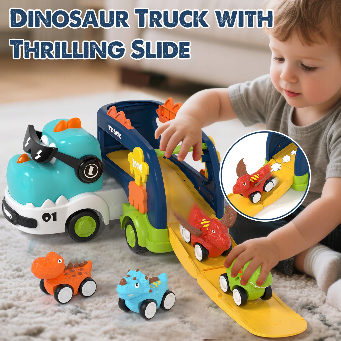 Toddler Toys for Boys 2 3 4 5+ Years Old, Dinosaur Toy Cars with Lights & Sounds, Toy Trucks Car for Boys, Pull Back Cars Baby Toys, 5 in 1 Car Carrier Truck Toy Sets, Best Birthday Christmas Gifts